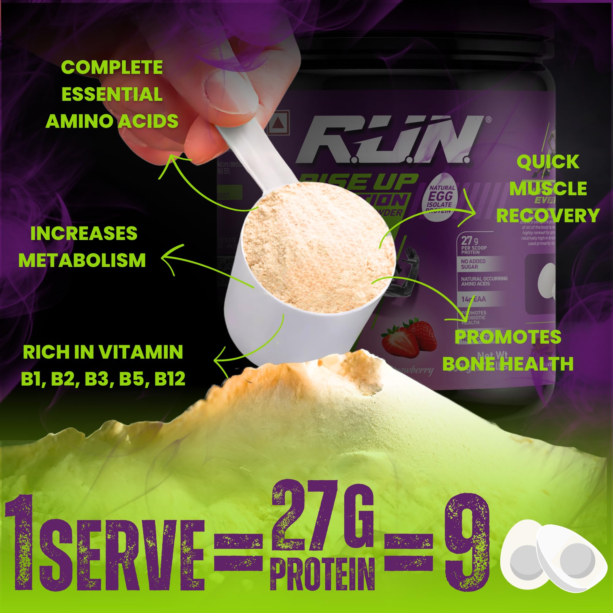 R.U.N-RISE UP NUTRITION Egg White Protein Powder - 27g Protein & 14g EAA | Lactose, Soy & Gluten Free | Strawberry Flavor - 1kg for Athletes, Gym & Fitness | Supports Immunity & Muscle Recovery - Perfect for Post-Workout Shakes & Smoothies