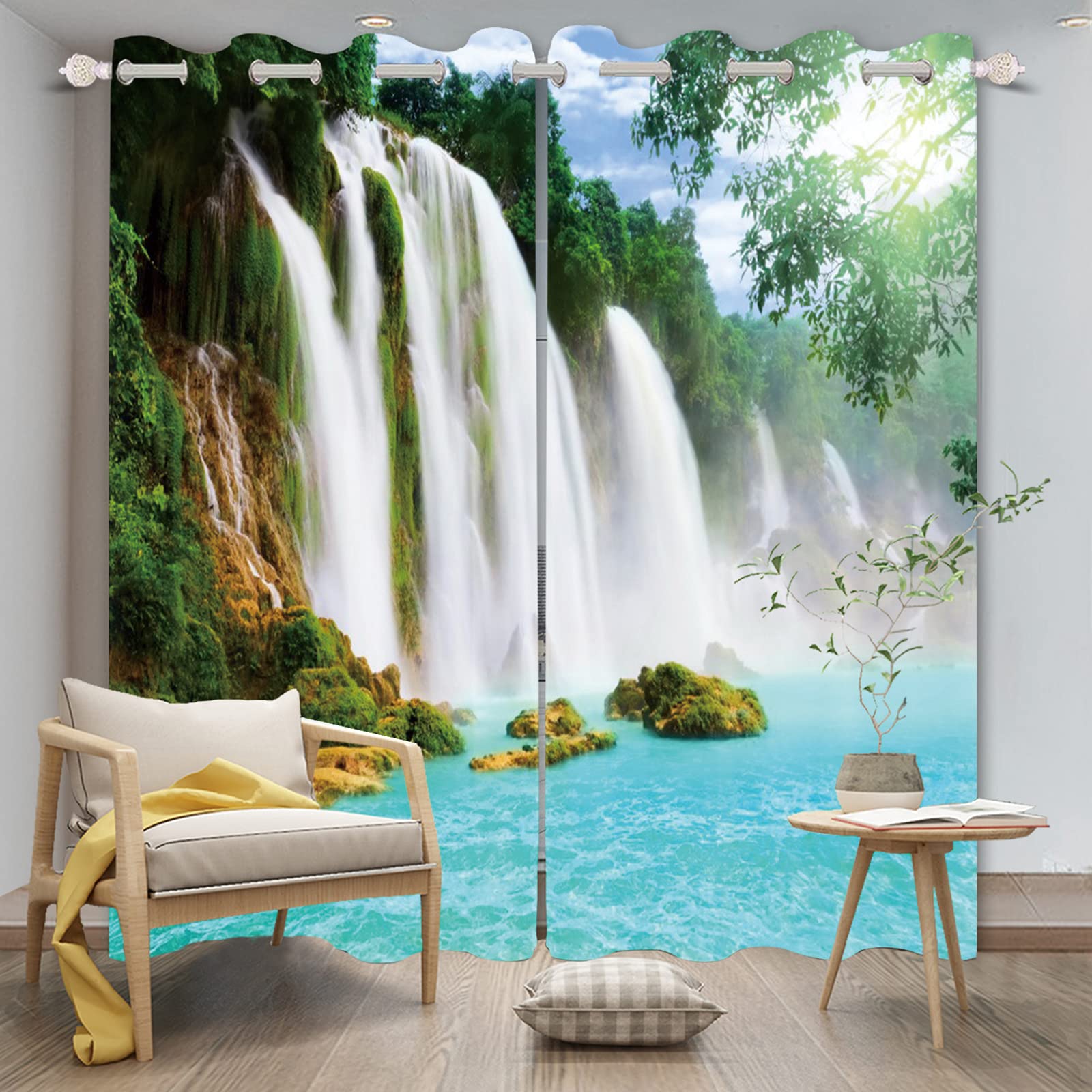 Blackout Window Curtains 53x96 Inch 2 Panels - Waterfall Lake & Tropical Rainforest Scenery for Living Room, Bedroom, Kitchen | Darkening, Relaxing Fairyland Design | Perfect for Light Control & Home Decor