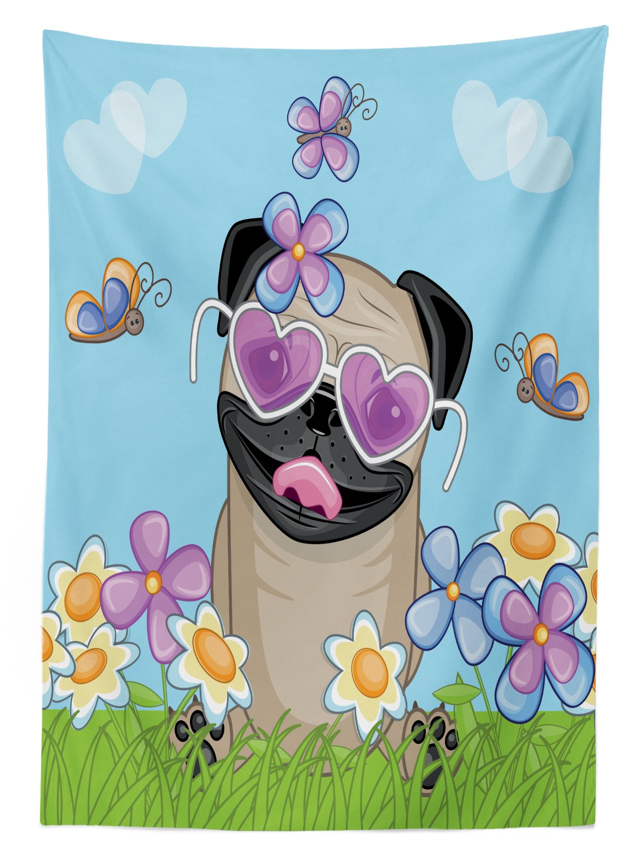Ambesonne Waterproof Outdoor Tablecloth - Cute Pug Puppy with Flowers, Butterflies & Heart Clouds Design - 58x104 Inch Sky Blue Washable Picnic Table Cover for Garden Parties, BBQs & Outdoor Dining