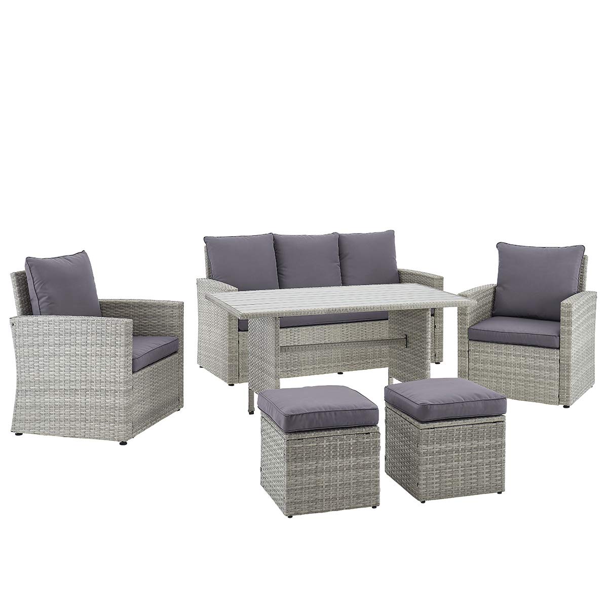 Barton 6-Piece Outdoor Patio Dining Set - Space Saving Rattan Chairs with Glass Table, Cushioned Seating & Backrest - Grey Sectional Conversation Furniture for Garden, Deck, Poolside & Backyard
