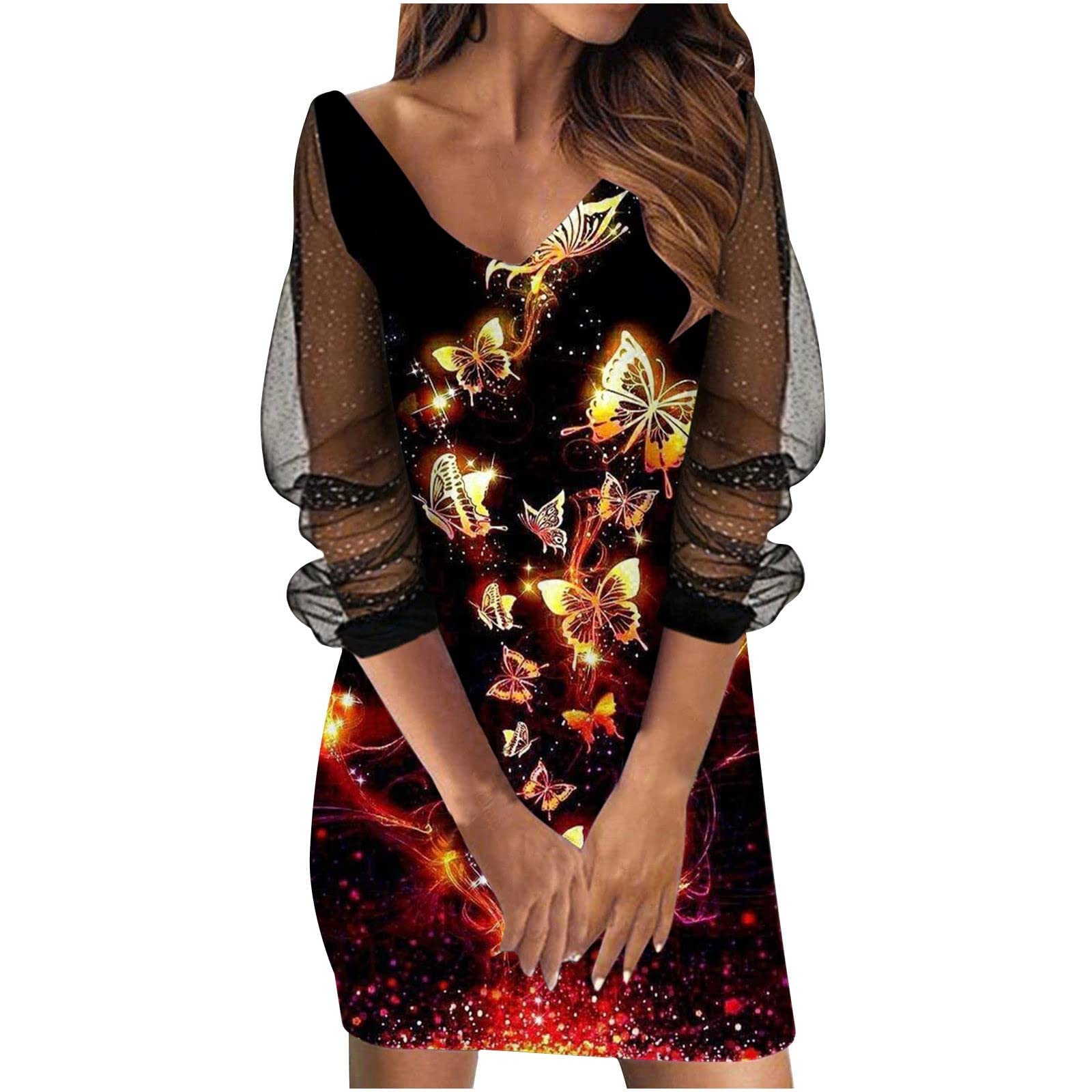 Women's Summer Work Dresses - V-Neck Long Sleeve Printed Tulle Dress with Lace | Office Wear, Casual Party & Summer Fashion | Perfect for Business Meetings, Weddings & Date Nights