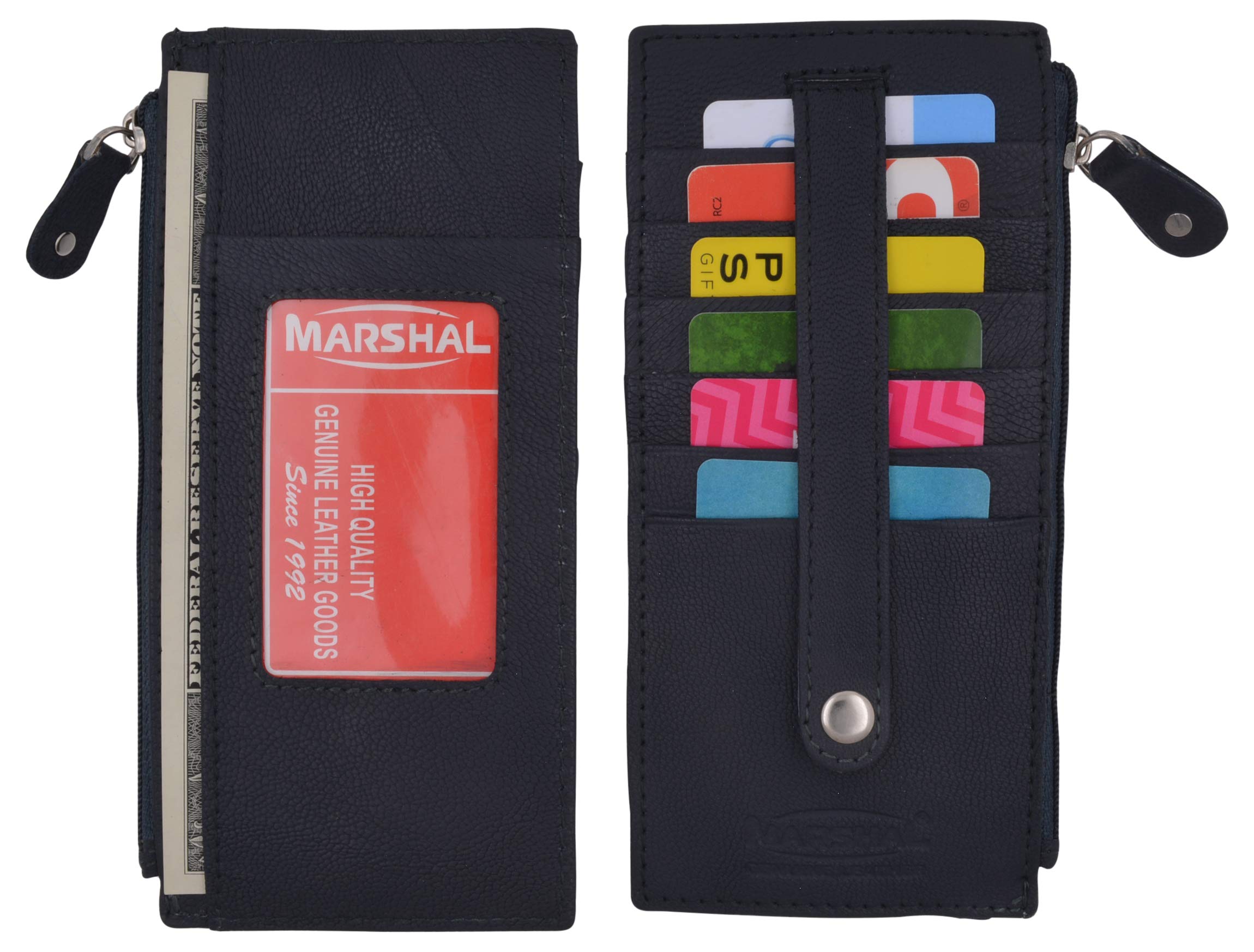 Premium Marshal Leather Slim Wallet - RFID Blocking All-in-One Card Case Holder with Protective Strap (Navy Blue) | Perfect for Travel, Business & Everyday Use