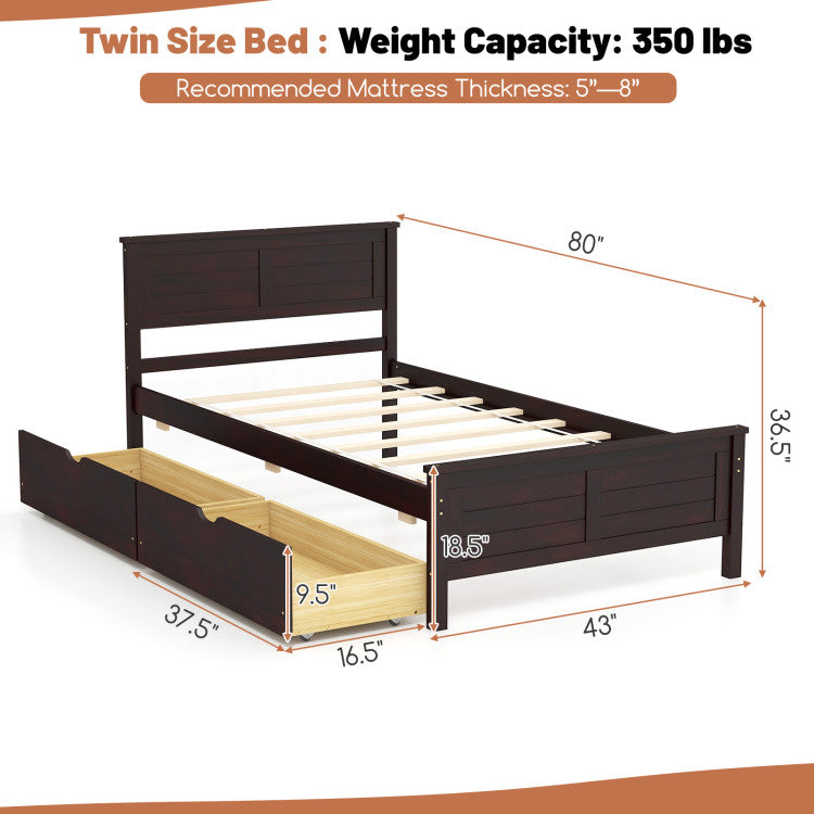 Costway Twin Size Bed Frame with Storage Drawers & Solid Wood Headboard - Space-Saving Storage Solution for Small Bedrooms, Dorms & Guest Rooms
