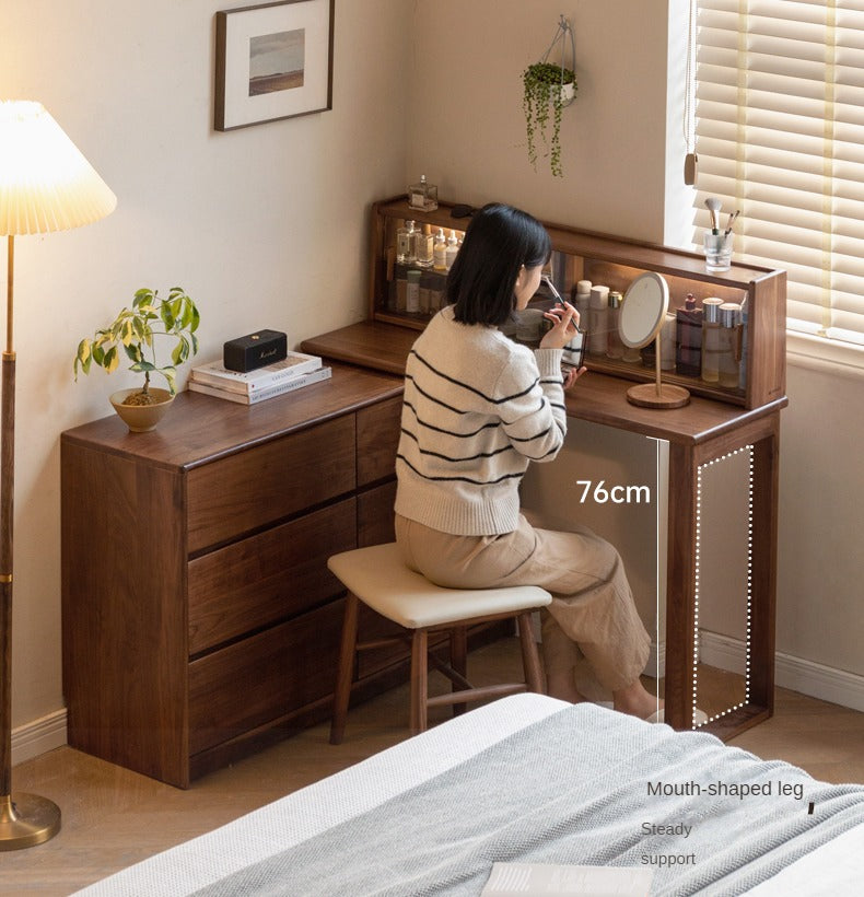 Premium Black Walnut Solid Wood Extendable Vanity Dressing Table with Mirror - Perfect for Bedroom, Bathroom & Makeup Organization
