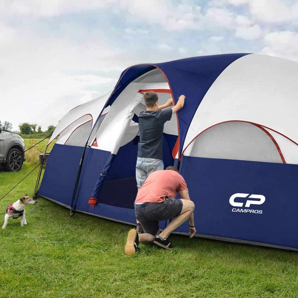 CAMPROS CP 8-Person Camping Tent - Waterproof & Windproof Family Tent with 5 Mesh Windows, Double Layer Design & Room Divider - Lightweight Portable Outdoor Tent with Carry Bag for Camping, Hiking, Backpacking & Family Adventures