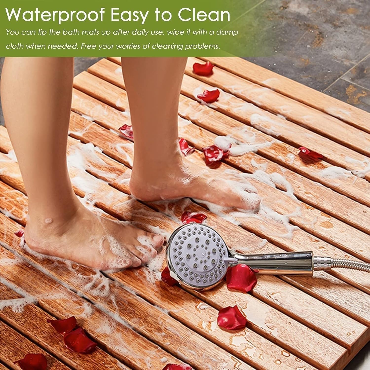 Premium Teak Wood Shower Mat - 30x36 Inch Waterproof Bath Mat for Bathroom Floor, Inside & Outside Shower - Natural Slatted Platform (76x92cm) - Perfect for Spa-Like Bathrooms, Pool Decks & Wet Areas