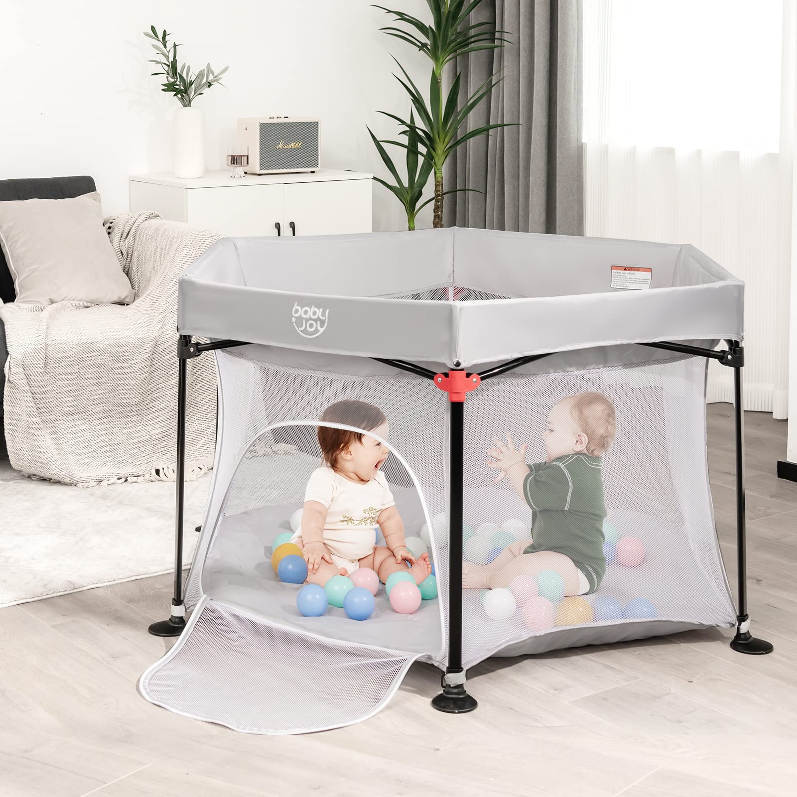 BABY JOY 53'' Portable Baby Playpen – Large Foldable Play Yard for Infants & Toddlers with UV Canopy, Padded Mat & Carry Bag | Indoor Outdoor Use for Home, Beach, Park & Backyard (Grey)