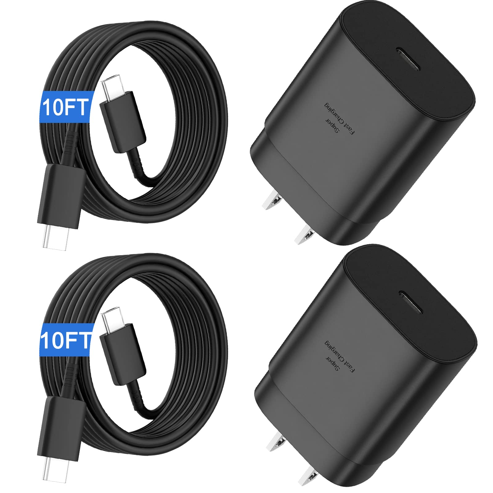 25W Fast Charger & 10Ft USB C Cable 2-Pack for Samsung Galaxy S25/S24/S23/S22/S21/S20/Plus/Ultra/FE - Super Fast Charging Block & Durable Cord for Home, Office & Travel