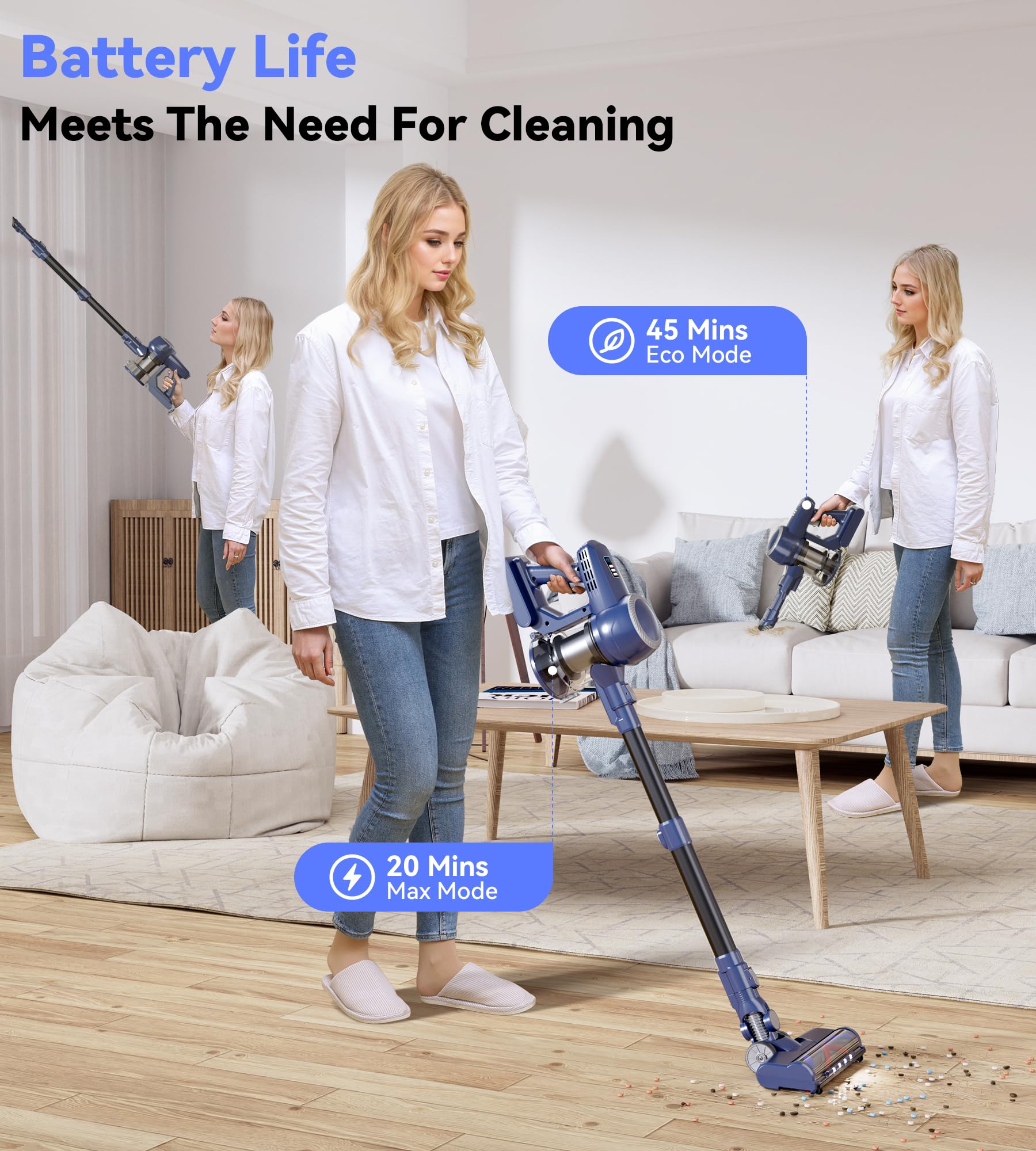 180W Cordless Stick Vacuum Cleaner with 45 Min Runtime, 2 Suction Modes & Anti-Tangle Brush - Lightweight Powerful Handheld Vacuum for Hardwood Floors, Carpets & Pet Hair - Ideal for Home Cleaning & Quick Pickups