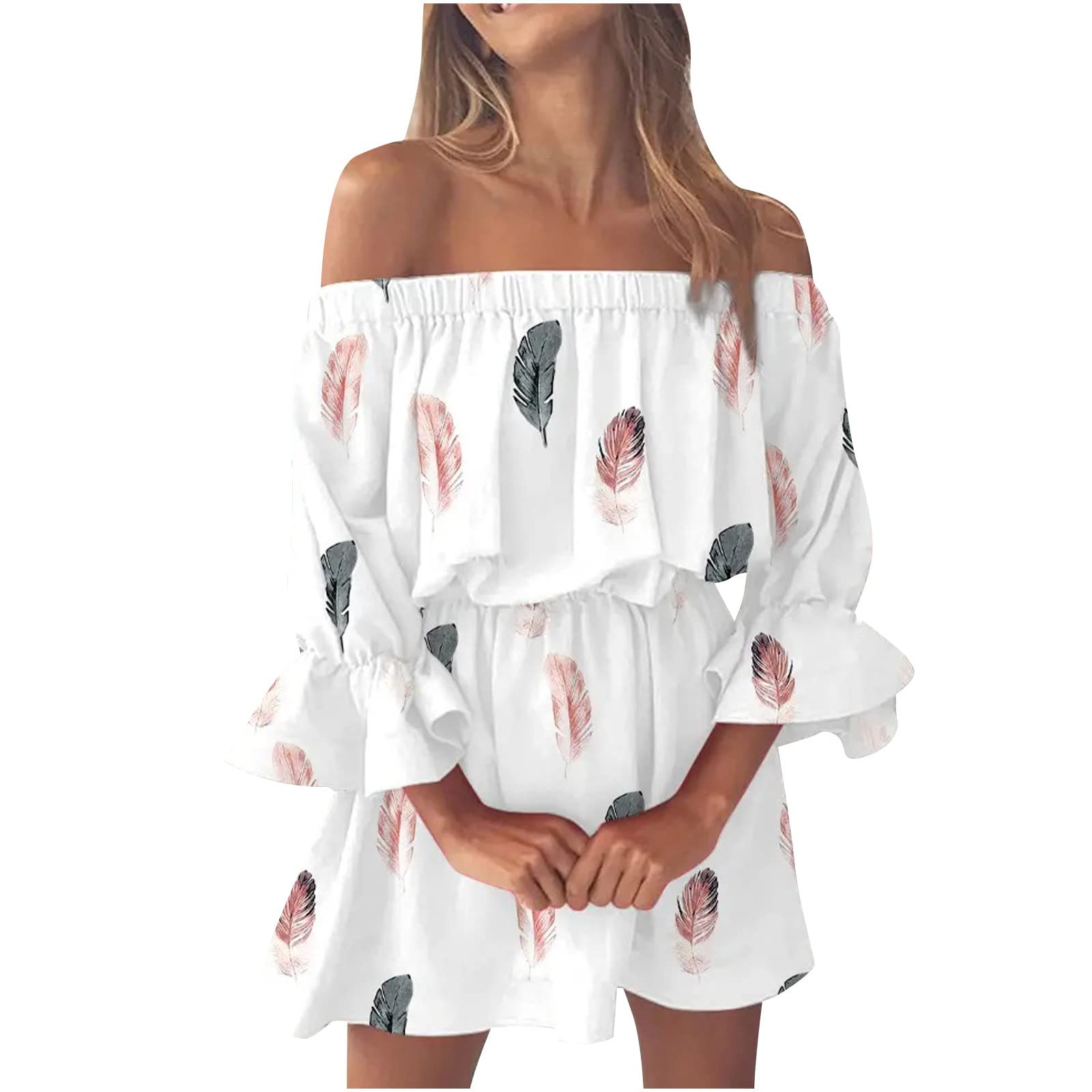 Women's Stylish Summer Sun Dresses - Casual Sexy Off Shoulder Bell Sleeve Solid & Printed Maxi Dresses for Beach, Vacation, and Outdoor Parties