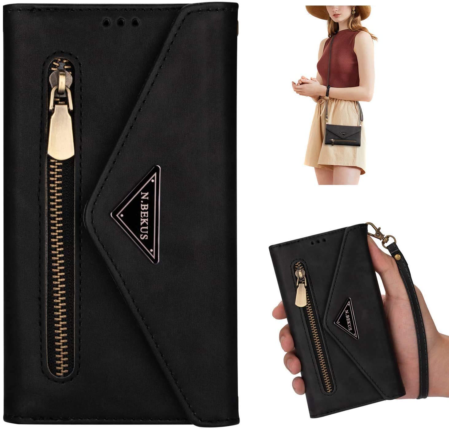 PHEZEN Crossbody Wallet Phone Case for Samsung Galaxy A40 - RFID Blocking Credit Card Holder with Adjustable Strap, Zipper Closure & Protective Cover (Black) | Perfect for Travel, Shopping & Everyday Use