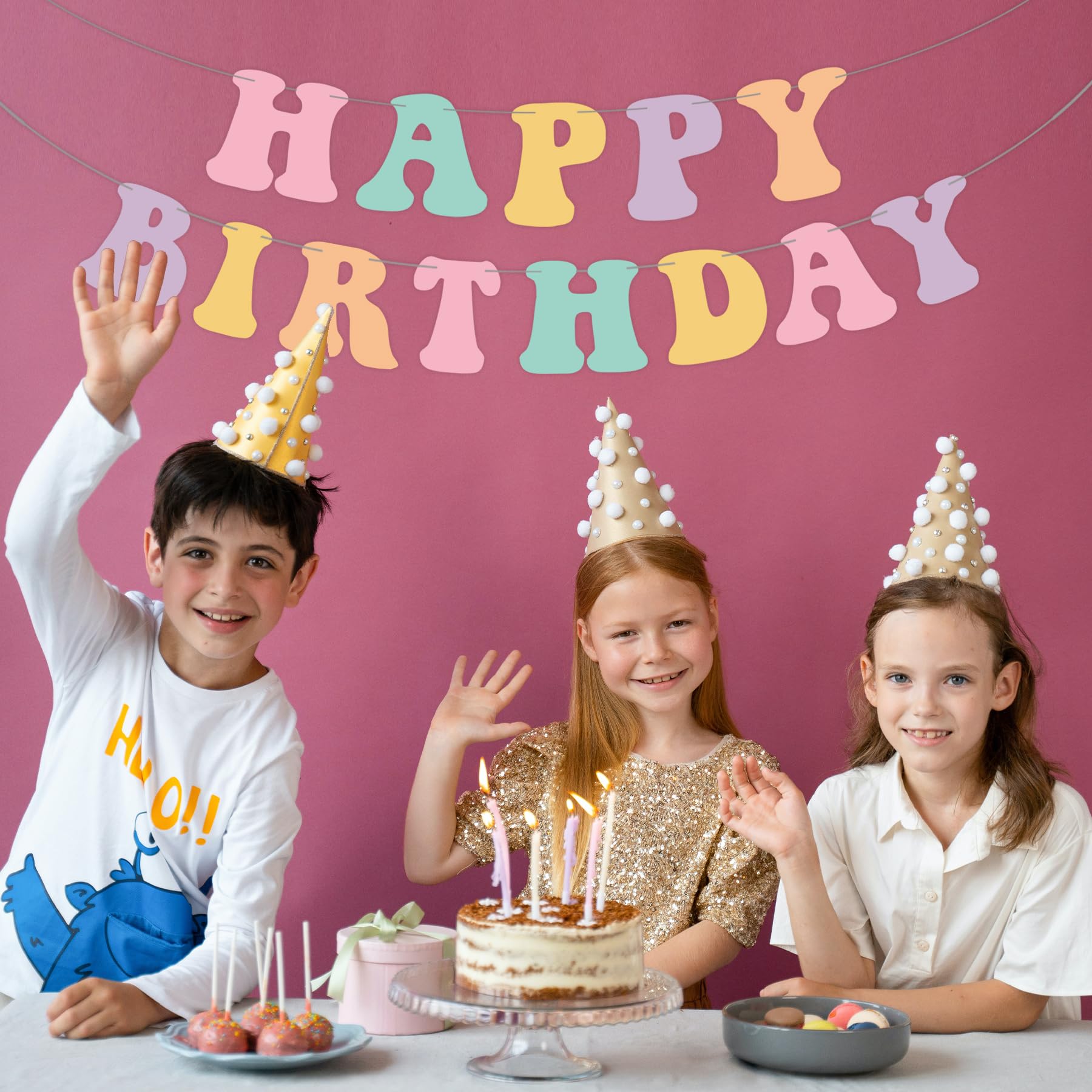 Pre-Strung Pastel Happy Birthday Banner - Cute Groovy Macaron Rainbow Party Decorations for Girls Toddler Birthday | Perfect for Baby Showers, Birthday Parties & Nursery Room Decor