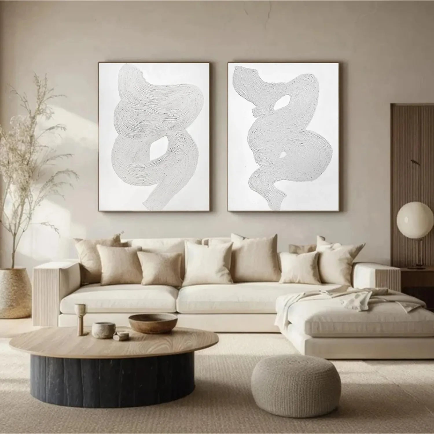 Modern White Minimalist Textured Wall Art - Set of 2 Abstract Canvas Paintings for Living Room & Bedroom Decor | MM276
