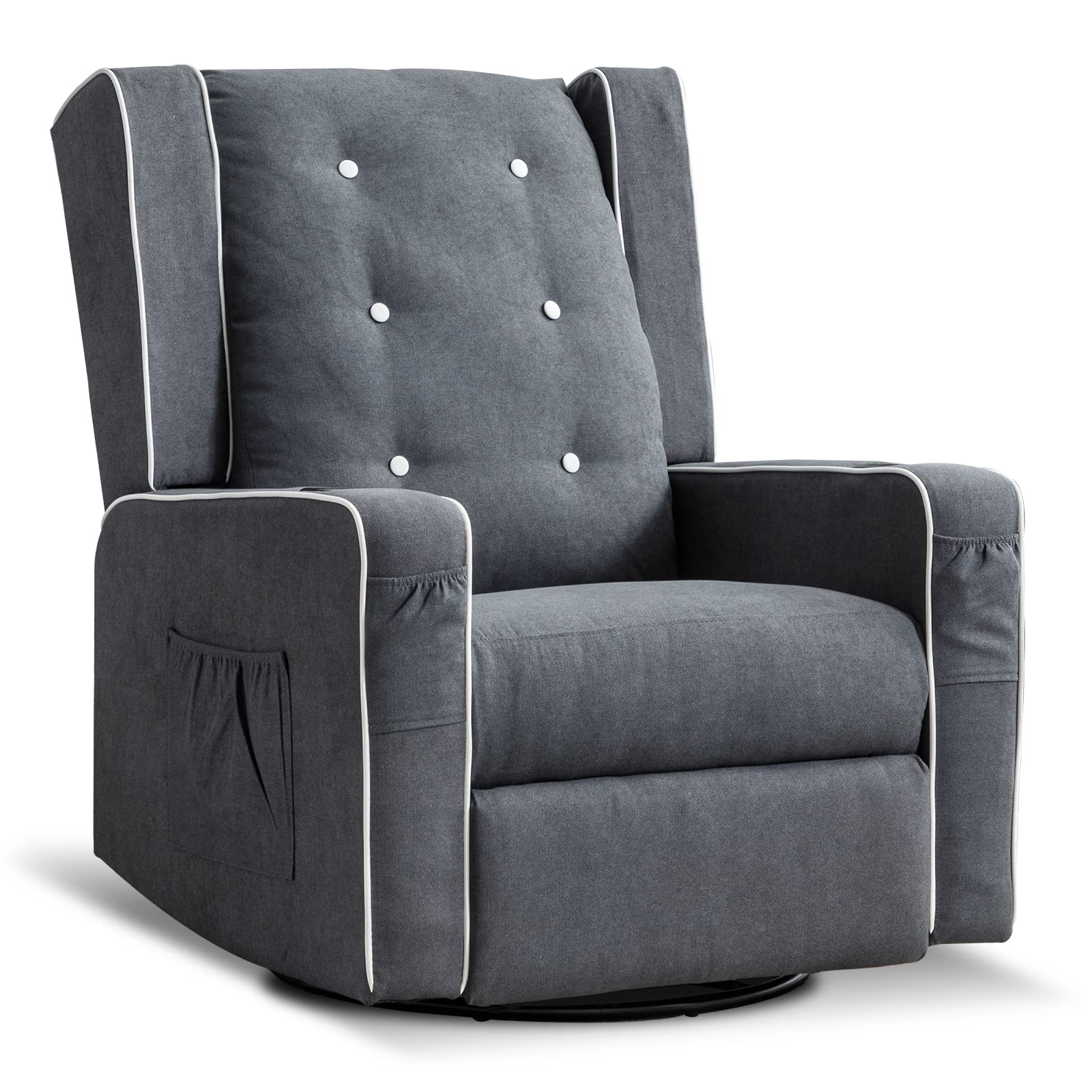 **Grey Nursery Rocking Chair - Baby Glider Rocker with Swivel & Recliner, Cup Holders & Storage Pockets - Cozy Rocking Chair for Living Room, Nursery, or Breastfeeding (1 PC)**