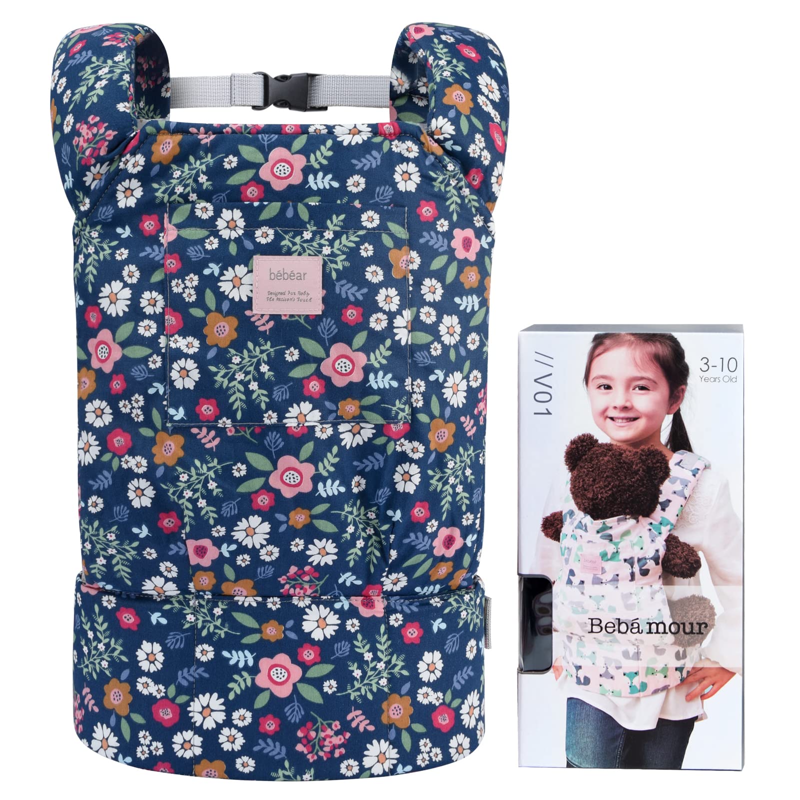 Bebamour Baby Doll Carrier for Kids - Soft Cotton Front & Back Stuffed Toy Holder - Perfect Gift for Boys & Girls (Blue Flower) - Ideal for Pretend Play, Role-Playing & Comforting Companions
