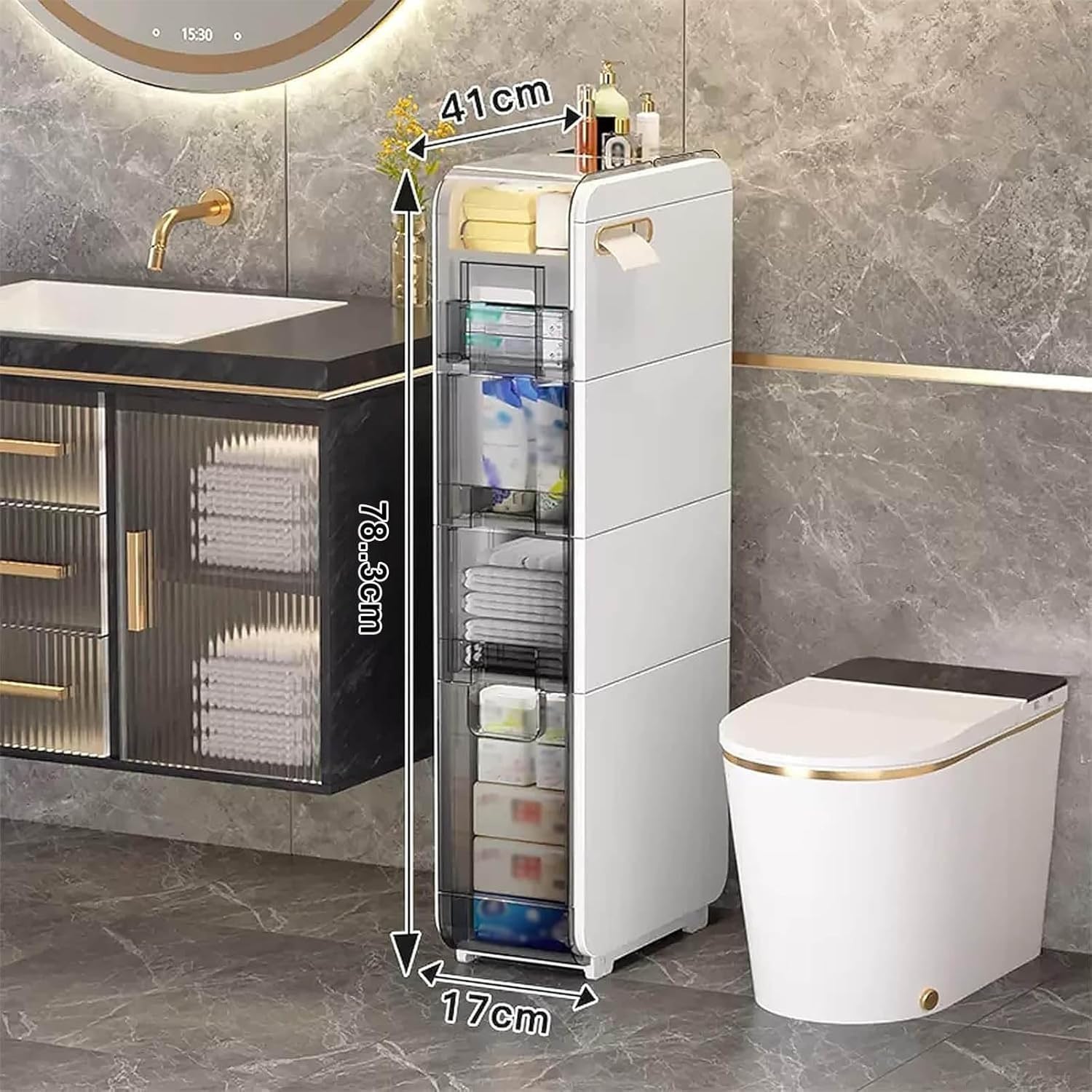 Waterproof Slim Storage Cabinet with Clear Drawers - 3 Tier Narrow Tall Storage Tower Organizer for Bathroom, Kitchen & Small Spaces - Free Standing Toilet Paper Holder & Home Organization Solution