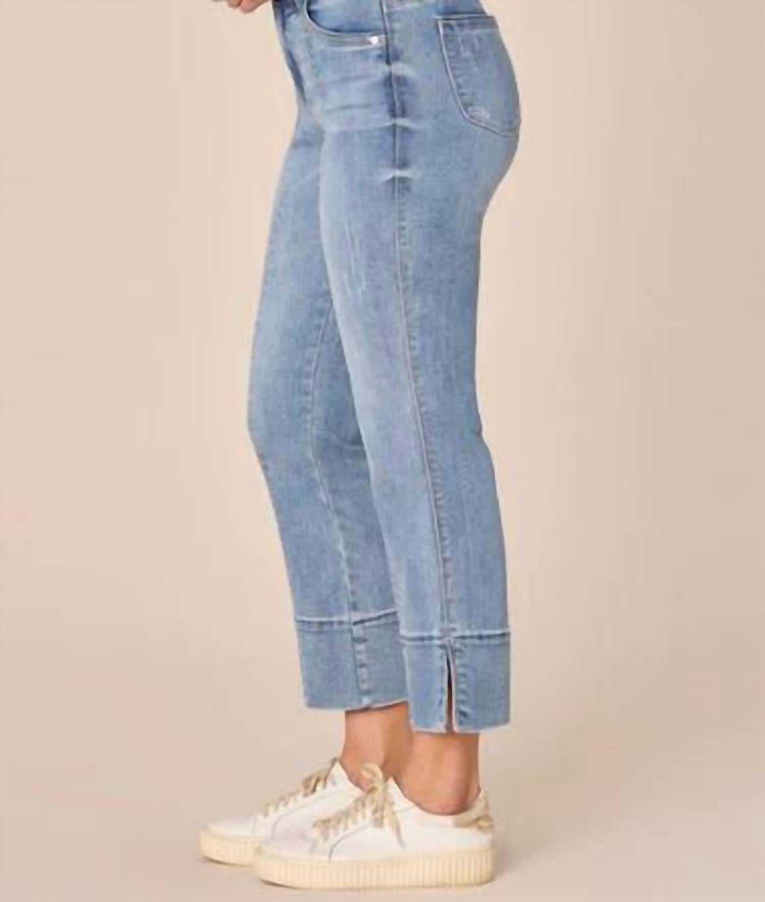 Absolution High Rise Center Seam Slit Hem Kick Flare Jeans in Light Blue - Women's Stretchy Denim Pants for Casual Wear & Night Out