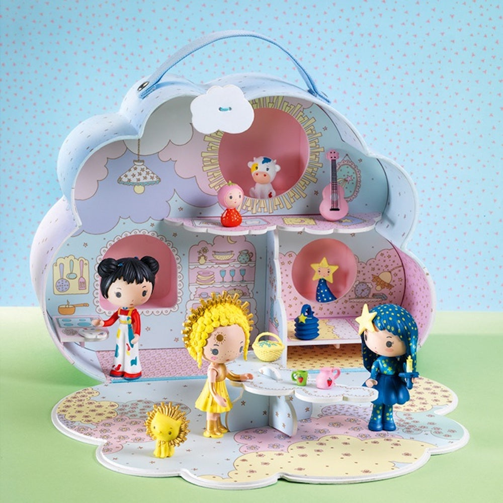 Djeco Tinyly Sunny & Mia House - Wooden Dollhouse for Kids, Pretend Play Toy with Miniature Furniture - Perfect for Imaginative Play & Room Decor