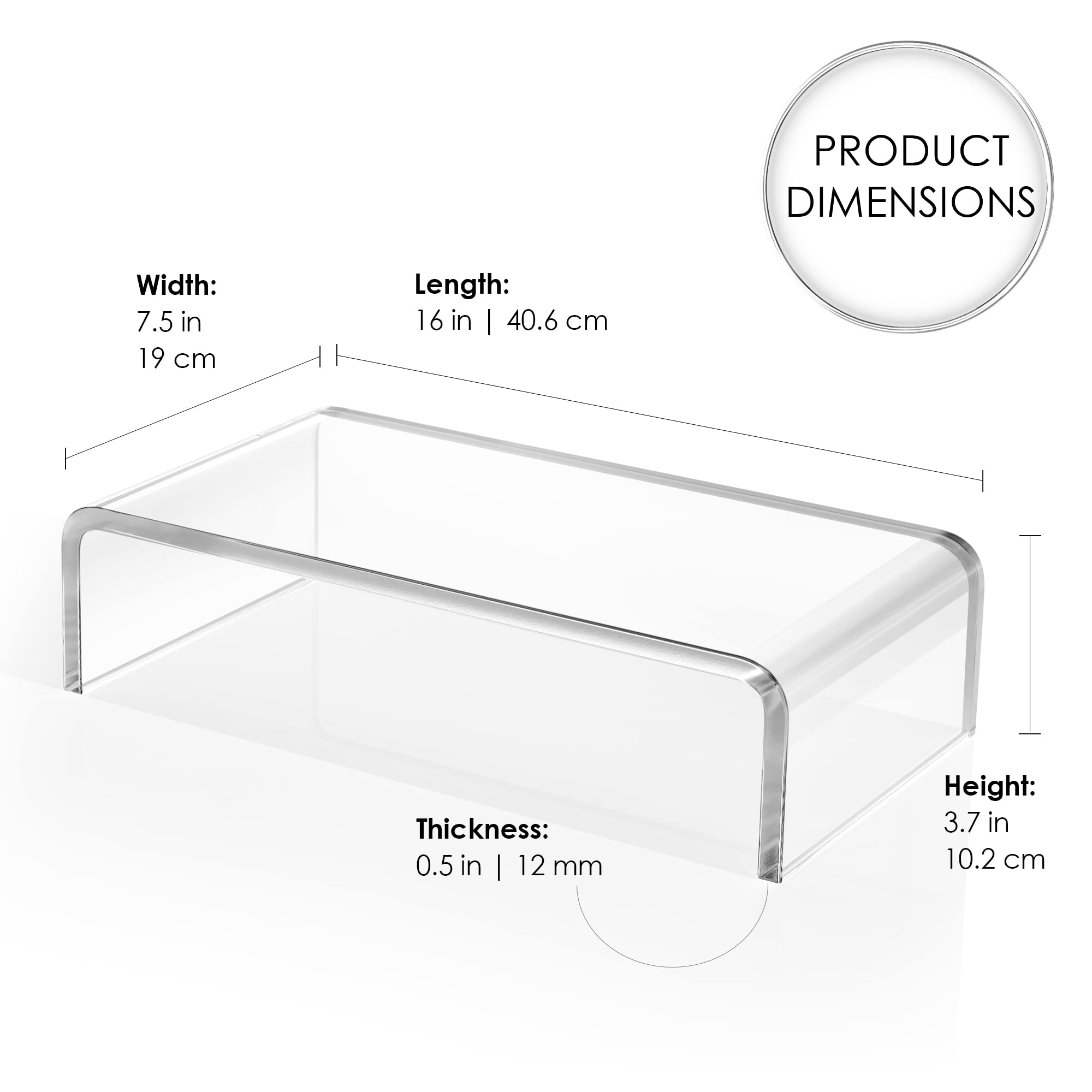 Heavy Duty Clear Acrylic Monitor Stand Riser - 16 Inch Desk Organizer for Computer, Laptop & TV | Ergonomic Home Office & Gaming Desk Accessory | Perfect for Workspace Organization & Monitor Height Adjustment