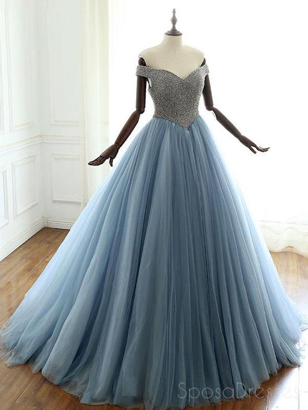 Elegant Off Shoulder Dusty Blue Beaded A-Line Long Evening Prom Dress for Women | Sweet 16 Party Gown | Formal Homecoming Dance Dress | Perfect for Prom Night, Quinceañera & Special Occasions