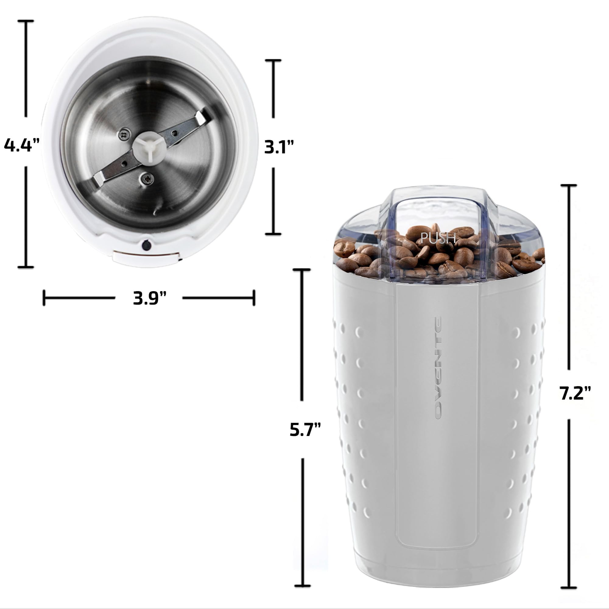 OVENTE Electric Coffee Grinder for Beans, Spices & Herbs - 2.5Oz Compact Stainless Steel Blade Mill with Pulse Button & Clear Lid - Perfect for Fresh Coffee, Spice Blends & Cooking - White CG225W