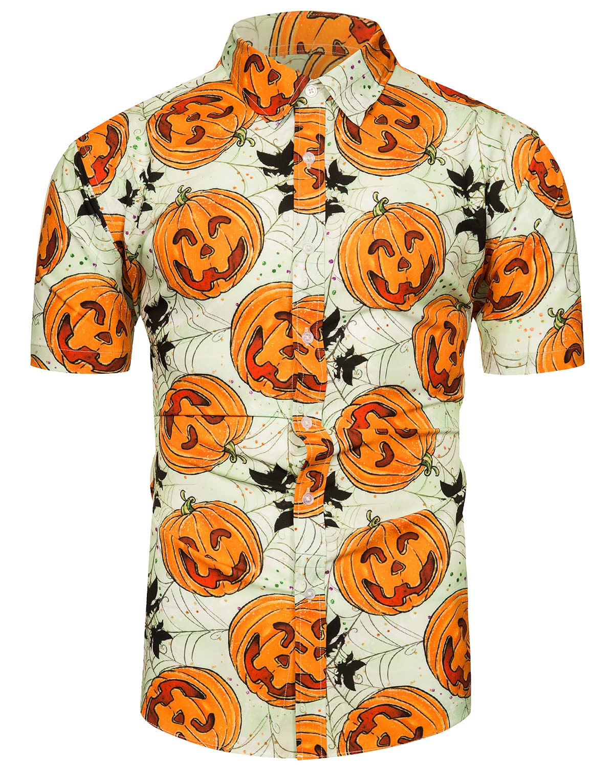 TUNEVUSE Men's Halloween Pumpkin Print Short Sleeve Button Down Shirt - Casual Party Dress Shirt for Halloween Costumes, Cosplay & Themed Events