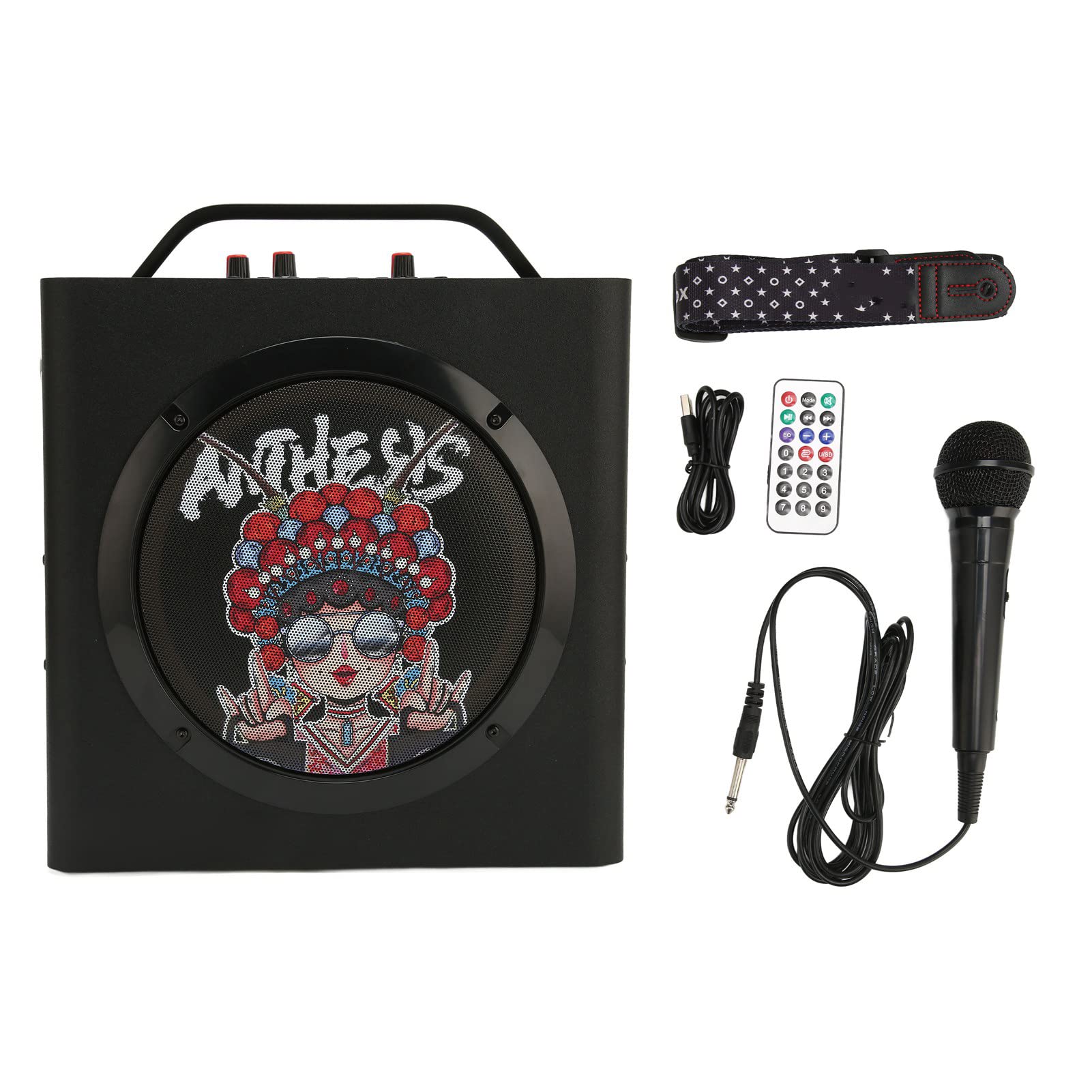 ASHATA Graffiti Retro Bluetooth Speaker with Handle Mic, Remote Control & Dual Bass Subwoofer - Portable Wireless Speaker for Party, Travel, Home, Outdoor Gatherings & Karaoke Nights