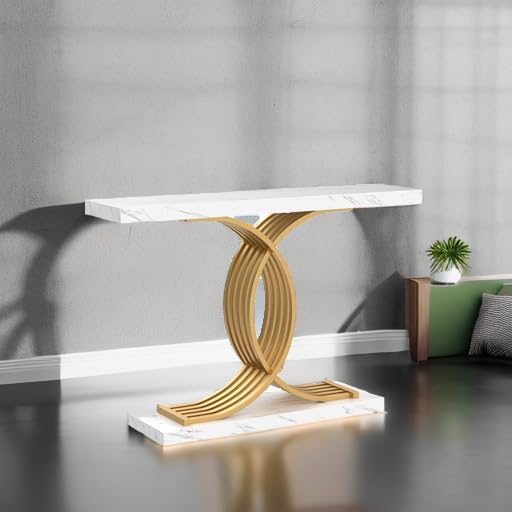 Tribesigns 39-Inch Modern Gold Entryway Console Table with Geometric Metal Legs & Faux Marble Top - Narrow Sofa Table for Living Room, Hallway, Entrance - Stylish Home Decor for Small Spaces (Gold & White)