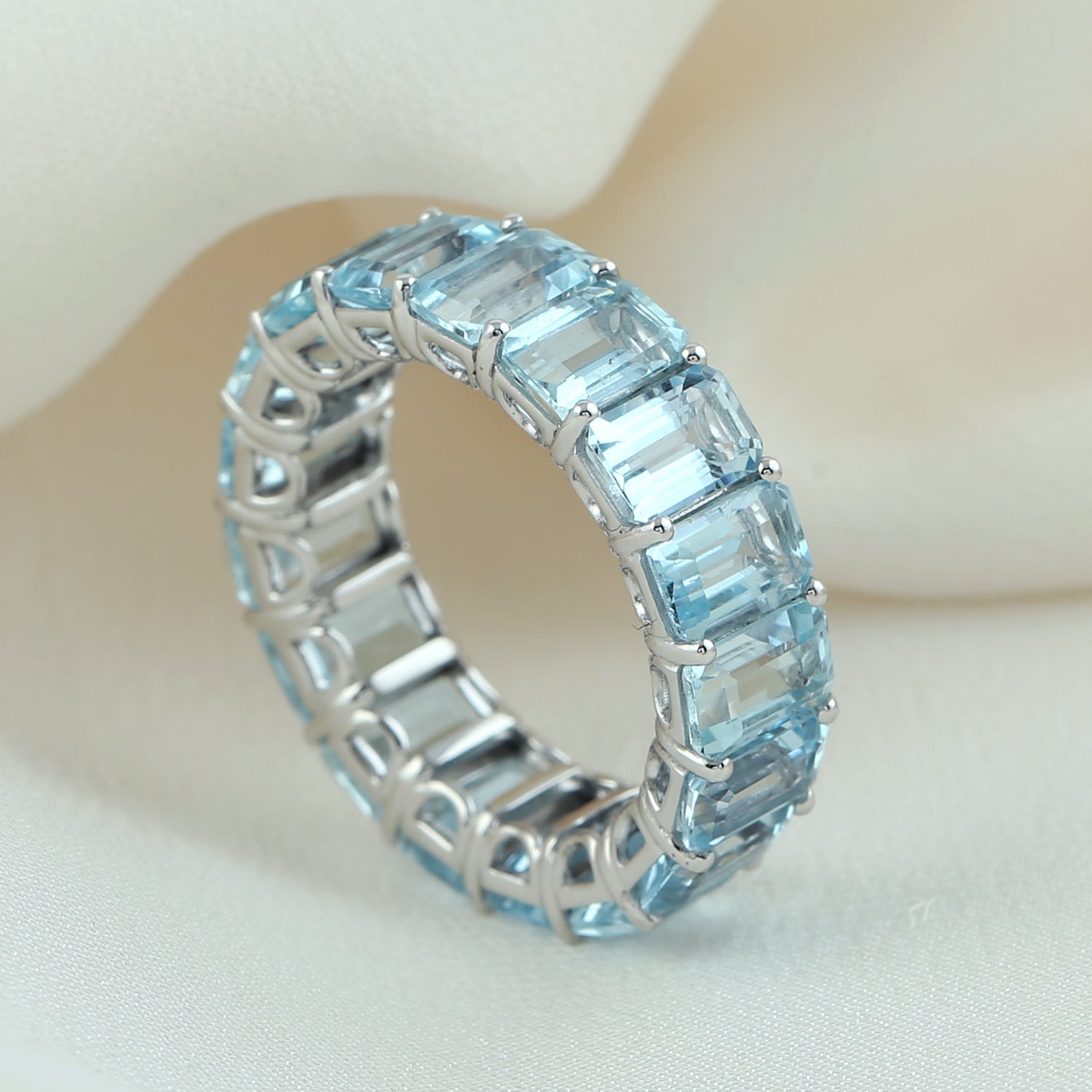 18K White Gold Emerald Cut Aquamarine Full Eternity Band Ring - Perfect for Weddings, Anniversaries & Special Occasions