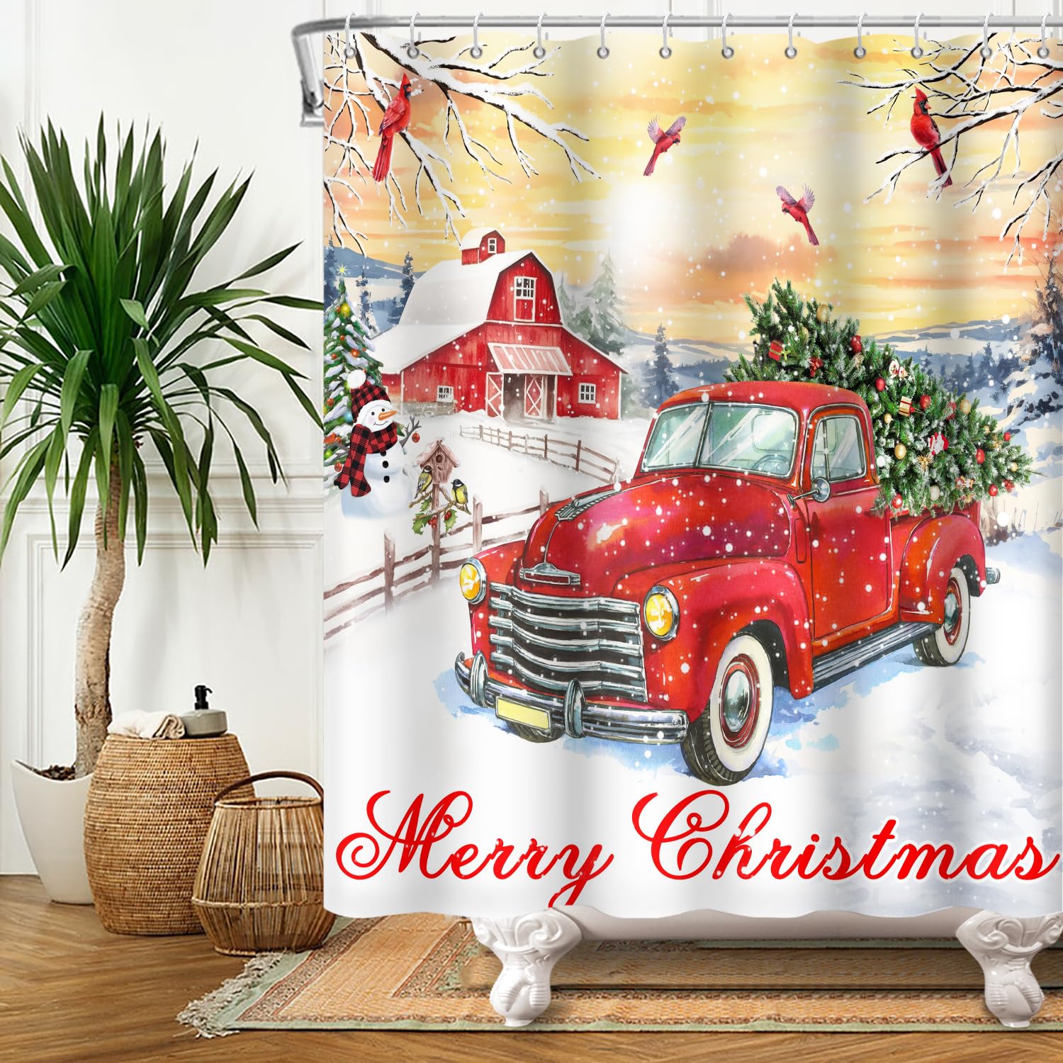 Red Truck Farmhouse Christmas Shower Curtain Set - 72x72 Inch Holiday Bathroom Decor with Snowman, Xmas Tree & Winter Mountain Design - Includes 12 Hooks for Cozy Cabin, RV or Apartment Bathroom