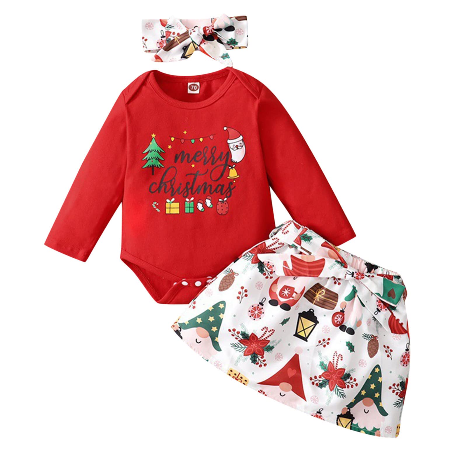 Xbgqasu Baby Girls Christmas Outfit Set - Long Sleeve Romper Bodysuit with Letter Print, Cartoon Skirt & Headband | Toddler Holiday Party Dress | Perfect for Christmas Photos, Family Gatherings & Festive Celebrations