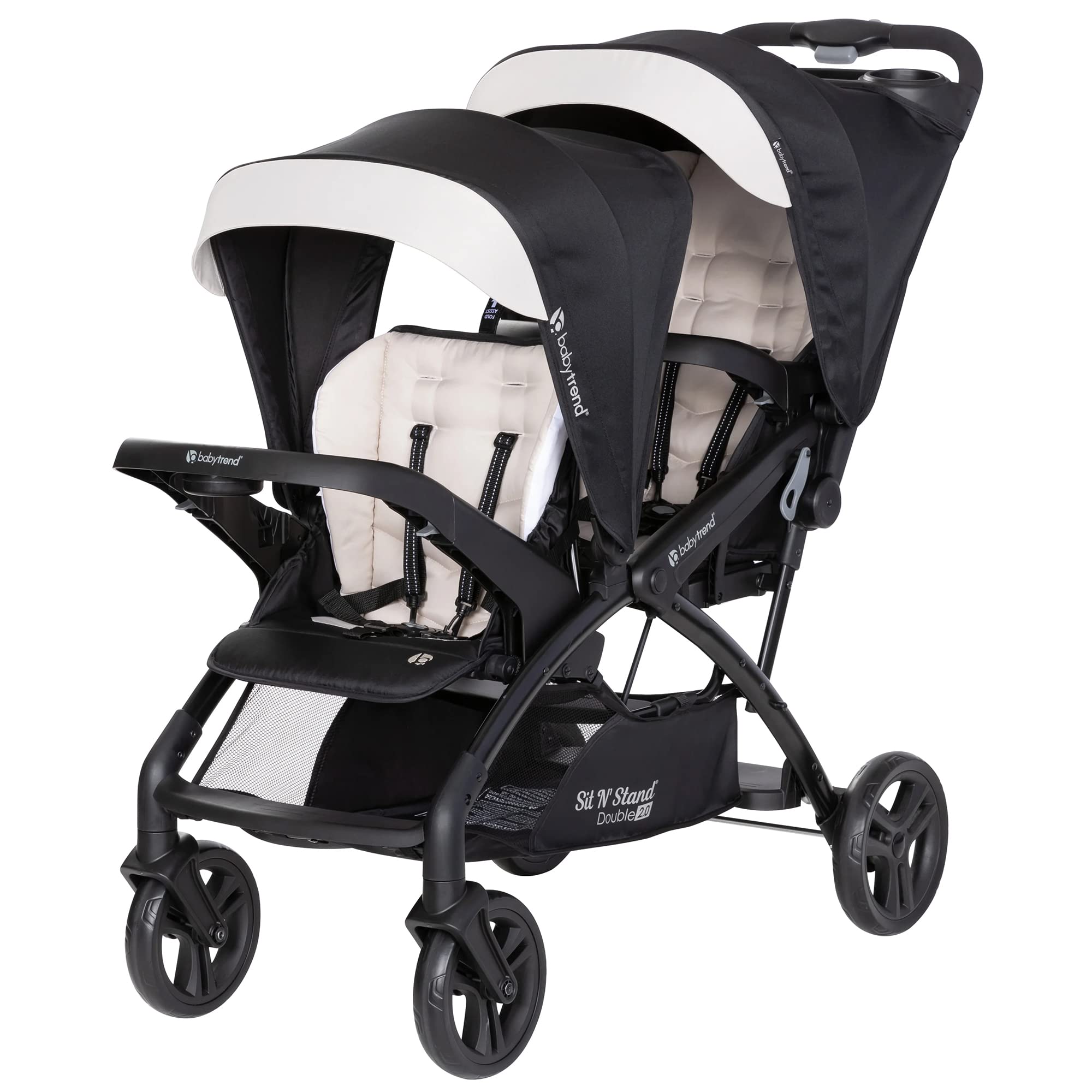 Baby Trend Sit N' Stand Tandem Double Stroller 2.0 DLX - 5-Point Safety Harness, Adjustable Canopy, Large Storage Basket & Cup Holders - Modern Khaki - Perfect for Twins, Siblings or Infant & Toddler Duo - Ideal for Shopping, Travel & Daily Walks