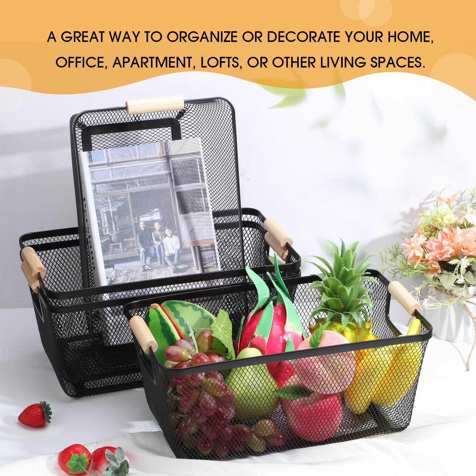 4-Piece Metal Wire Basket Set with Wooden Handles - Black Steel Mesh Storage Organizer Bins for Home, Kitchen, Pantry & Closet Organization - Perfect for Fruits, Snacks, Makeup & Gifts (Large Size) - Ideal for Refrigerator, Cabinet & Shelf Storage Solutions