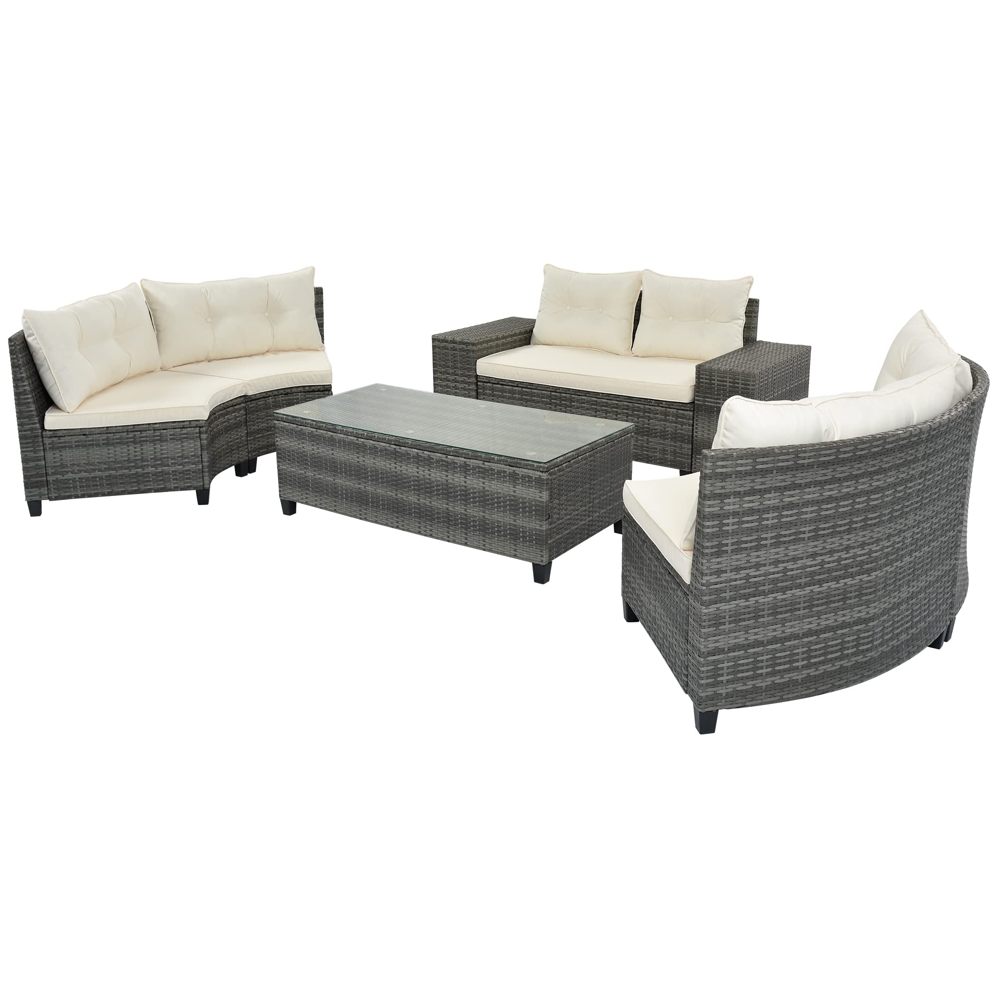 BNSPLY 8-Piece Patio Half-Moon Sectional Furniture Set - Beige Wicker Outdoor Curved Sofa with Glass Coffee Table, Side Tables & Cushions - Perfect for Garden, Poolside, and Backyard Relaxation