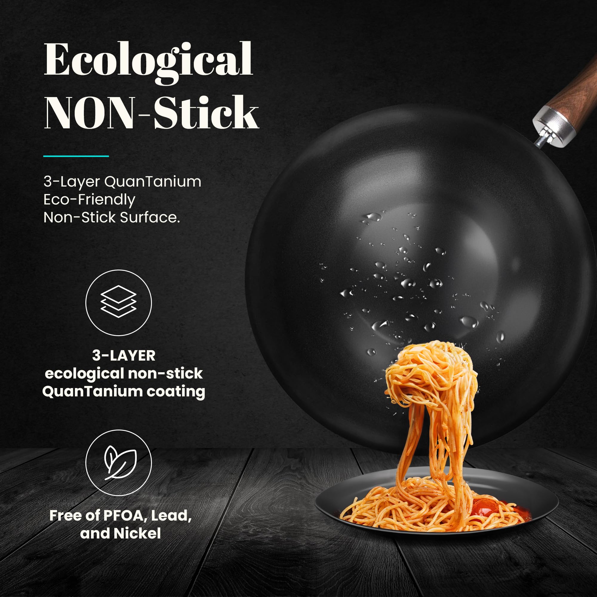WECOOK! 20cm Carbon Steel Induction Wok Pan - Titanium Nonstick QUANTANIUM Eco-Friendly 3-Layer PFOA-Free Coating, Wood-Like Handle, Compatible with Glass Ceramic, Gas, Dishwasher Safe - Perfect for Stir-Frying, Sautéing & Asian Cooking