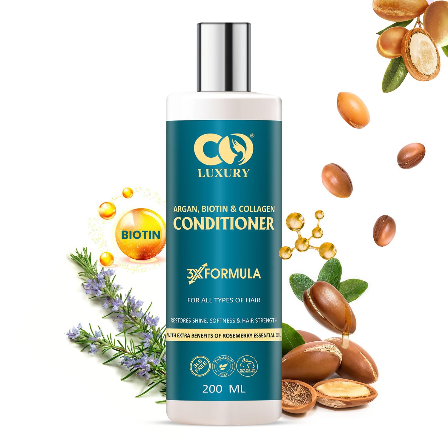 CO LUXURY Argan Biotin & Collagen Hair Conditioner for Smooth, Shiny & Frizz-Free Hair | Nourishing Treatment with Jojoba Oil for Hair Repair & Hydration | Suitable for All Hair Types - 200 ml | Perfect for Daily Use, Salon-Quality Results at Home