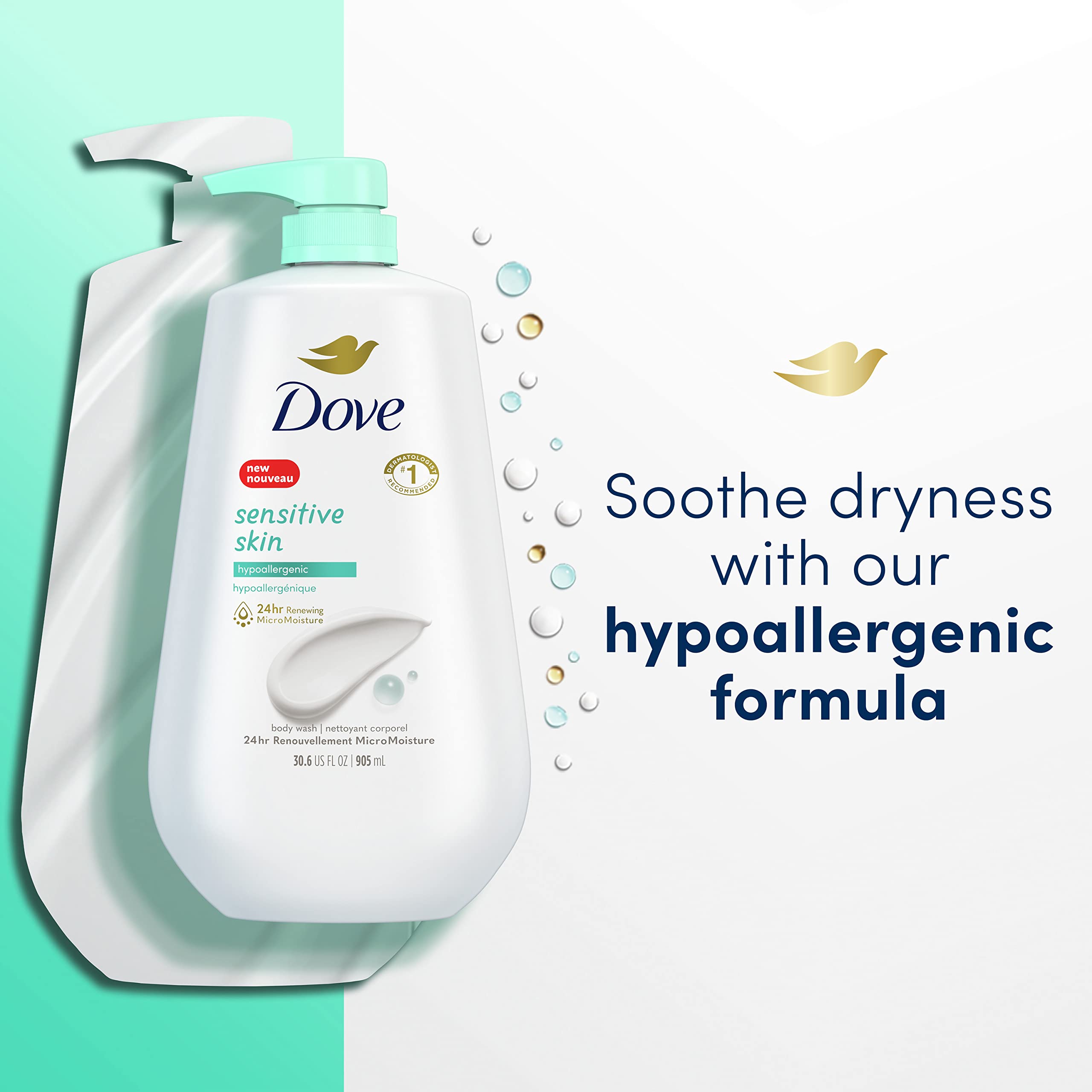 Dove Gentle Exfoliating Body Wash with Sea Minerals for Sensitive Skin - Hypoallergenic, Paraben-Free, 30.6 fl oz (Pack of 3) | Hydrating & Soothing Daily Shower Gel for Dry Skin Care Routine