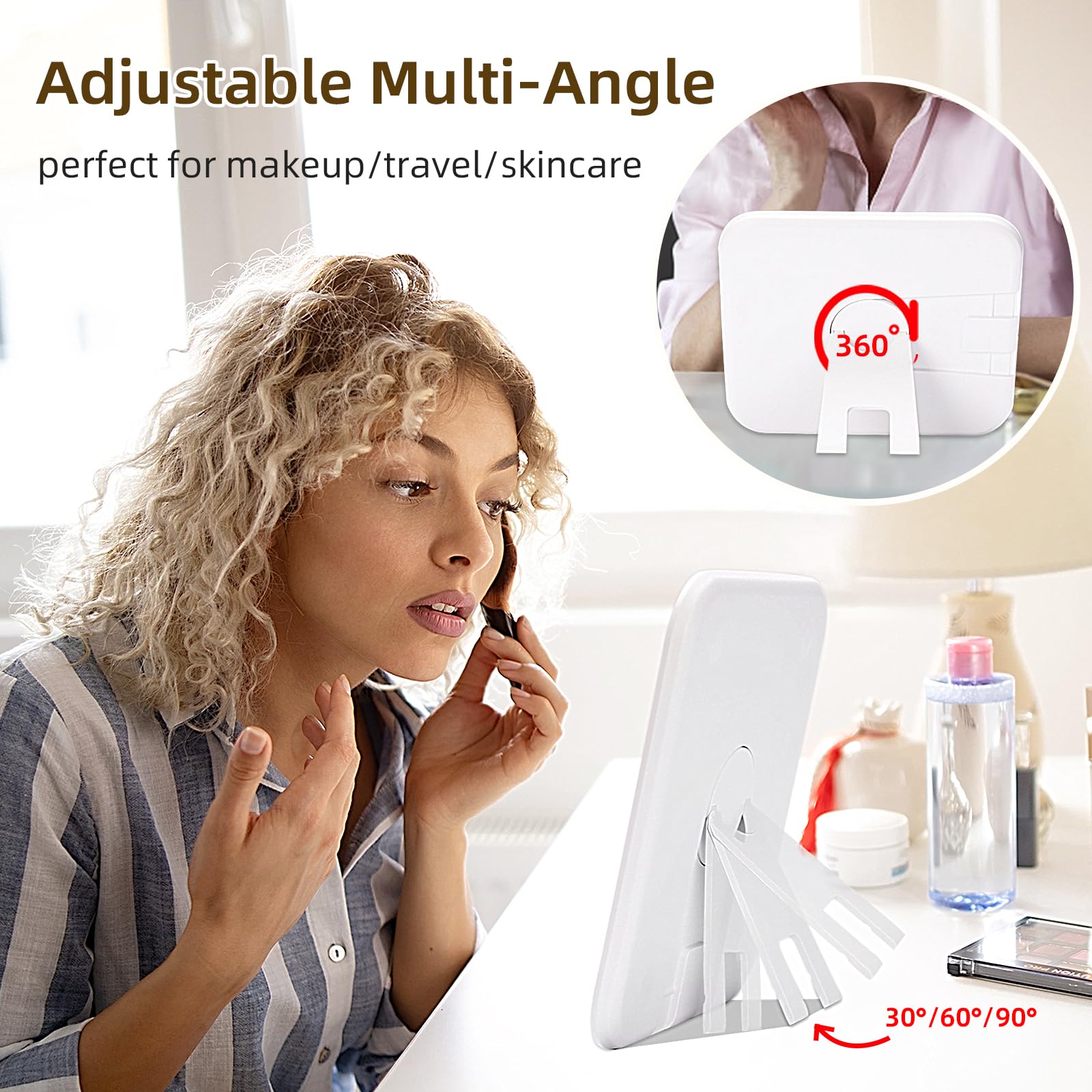 360° Swivel Rechargeable LED Makeup Mirror with 3 Adjustable Light Modes - 9.2x8 Inch Desktop Vanity Mirror for Dressing Table, Bathroom & Bedroom Makeup Application