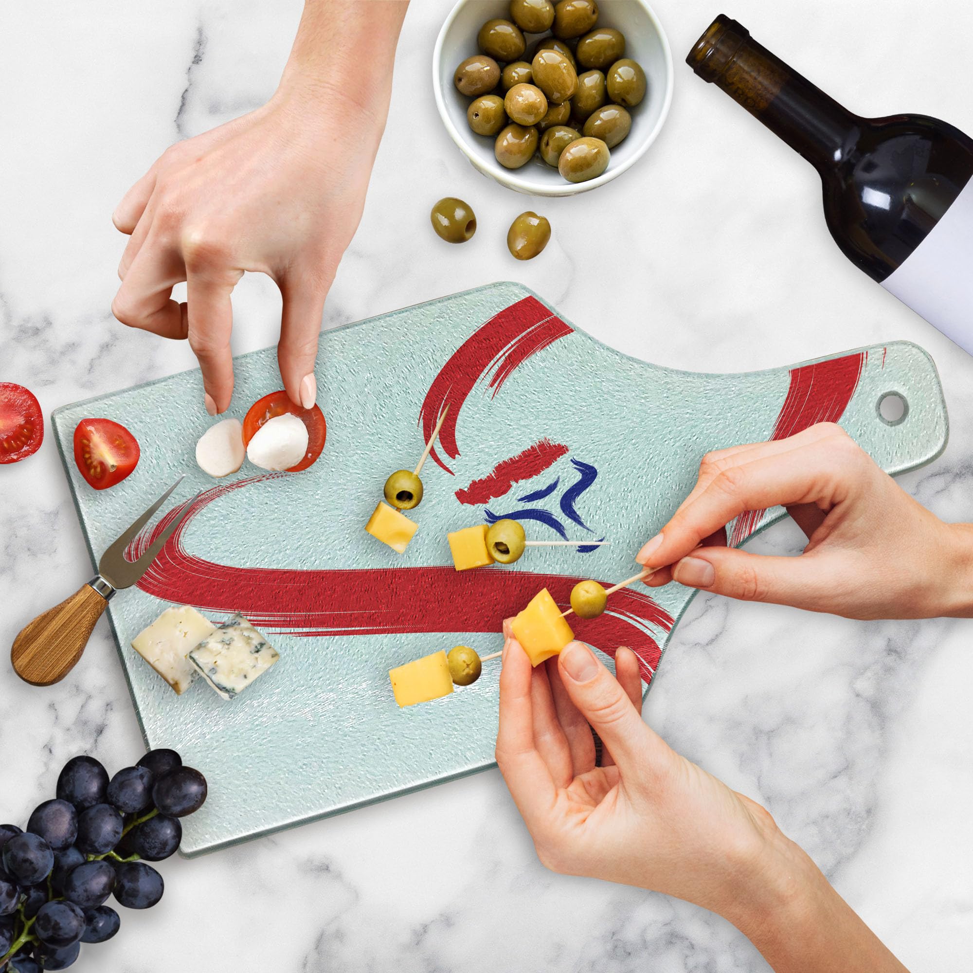 Ambesonne Love Heart Cutting Board - Romantic Brush Drawing Heart Symbol, Tempered Glass Serving Board for Kitchen & Dining - Unique Wine Bottle Shape, Red Blue White Design - Perfect for Valentine's Day Gifts, Anniversary Presents & Couples Cooking Together