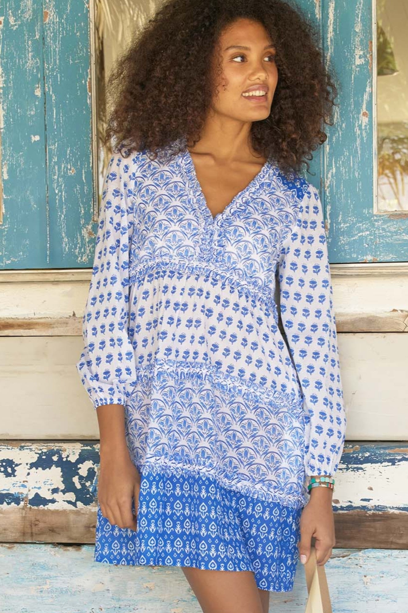 Henrietta Dress - Floral Print Mix White and Blue | Women's Summer Casual Dress for Beach, Party, and Everyday Wear