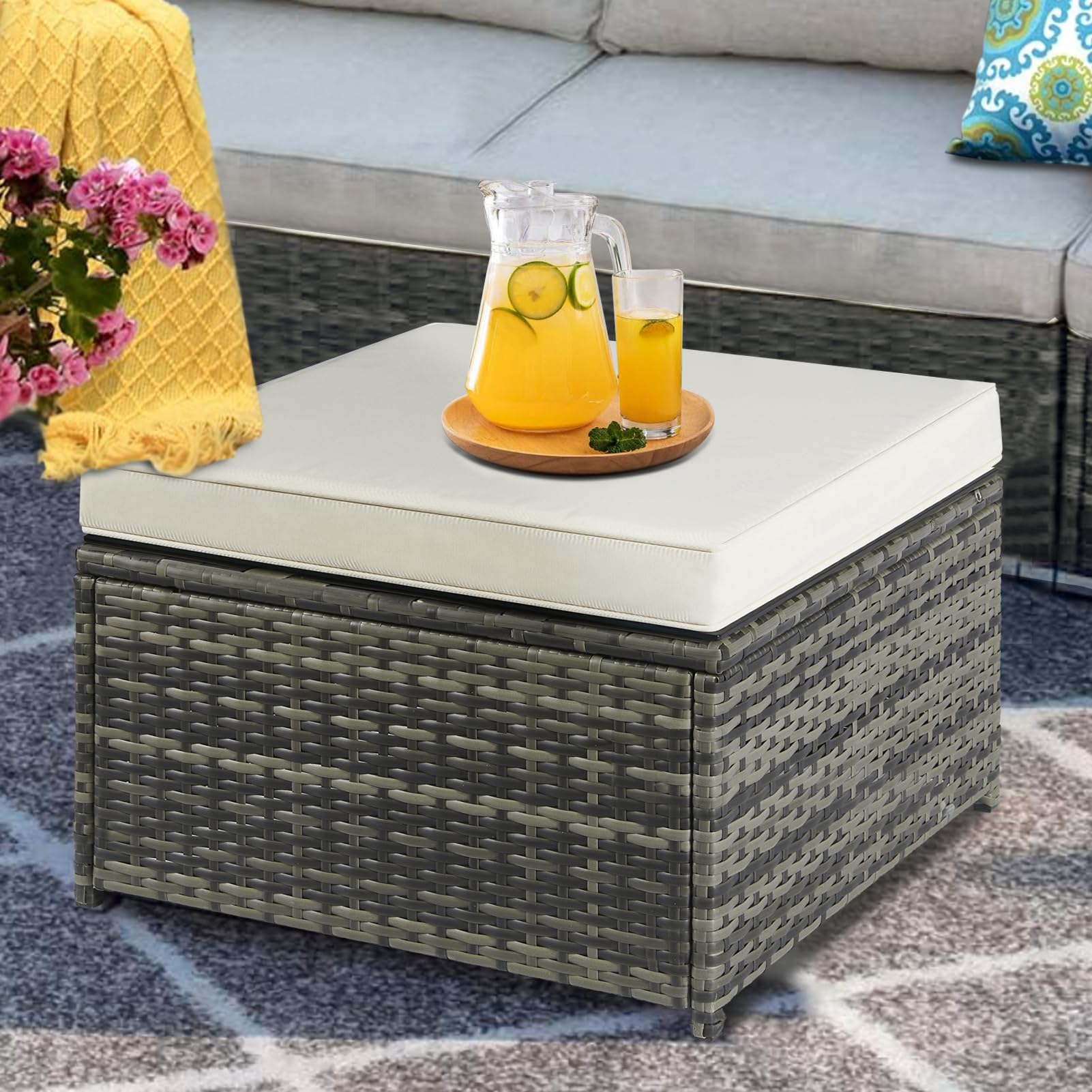 All-Weather PE Rattan Outdoor Ottoman Footstool with Removable Cushion - Waterproof Wicker Patio Footrest Seat for Garden, Poolside & Deck (White) - Perfect for Relaxing Outdoors