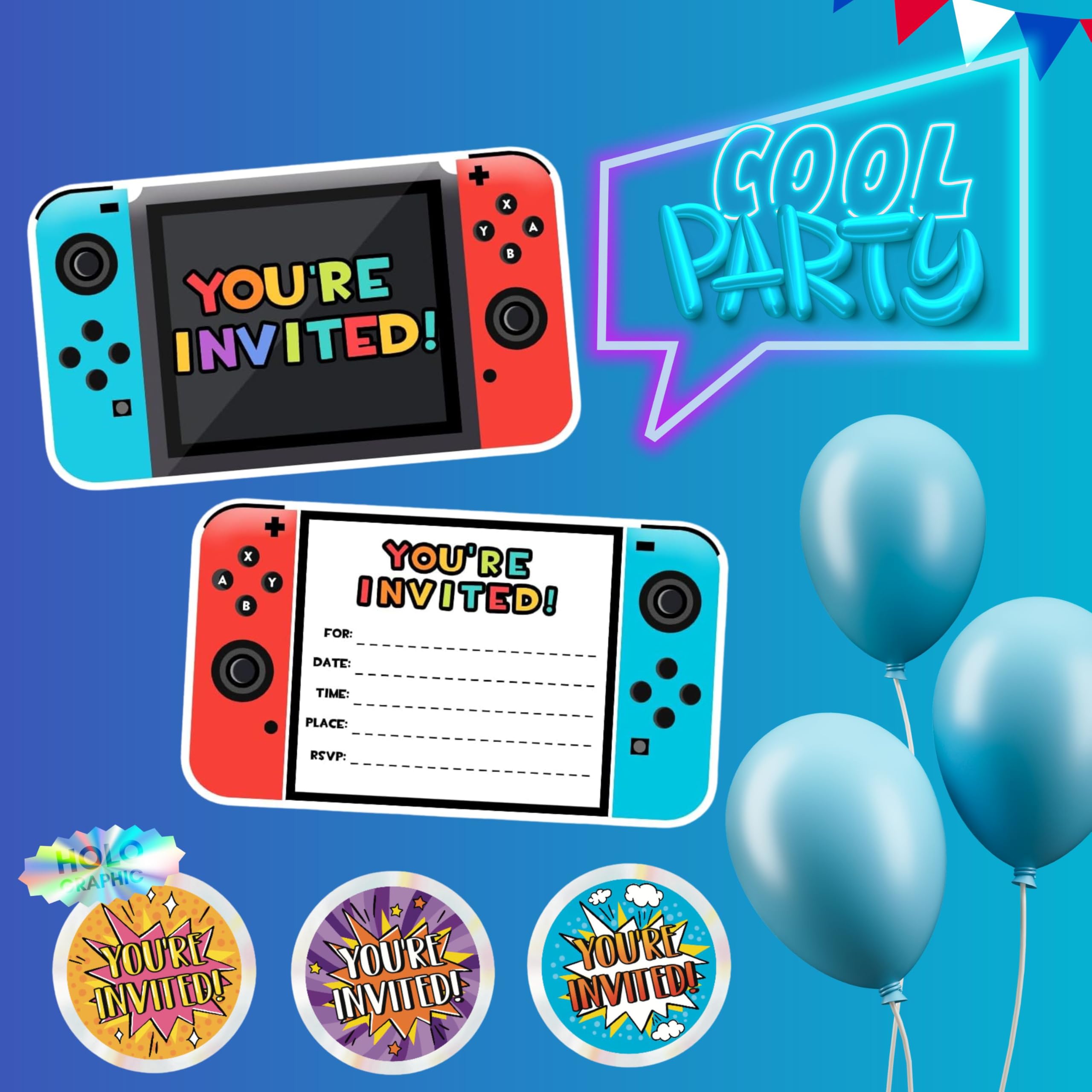 30pcs Video Gaming Party Invitations with Stickers - Fun Birthday Party Cards for Boys & Girls, Gamer Themed Decorations for Kids, Son, Nephew | Perfect for Gaming Birthday Parties, Sleepovers & Game Night Events