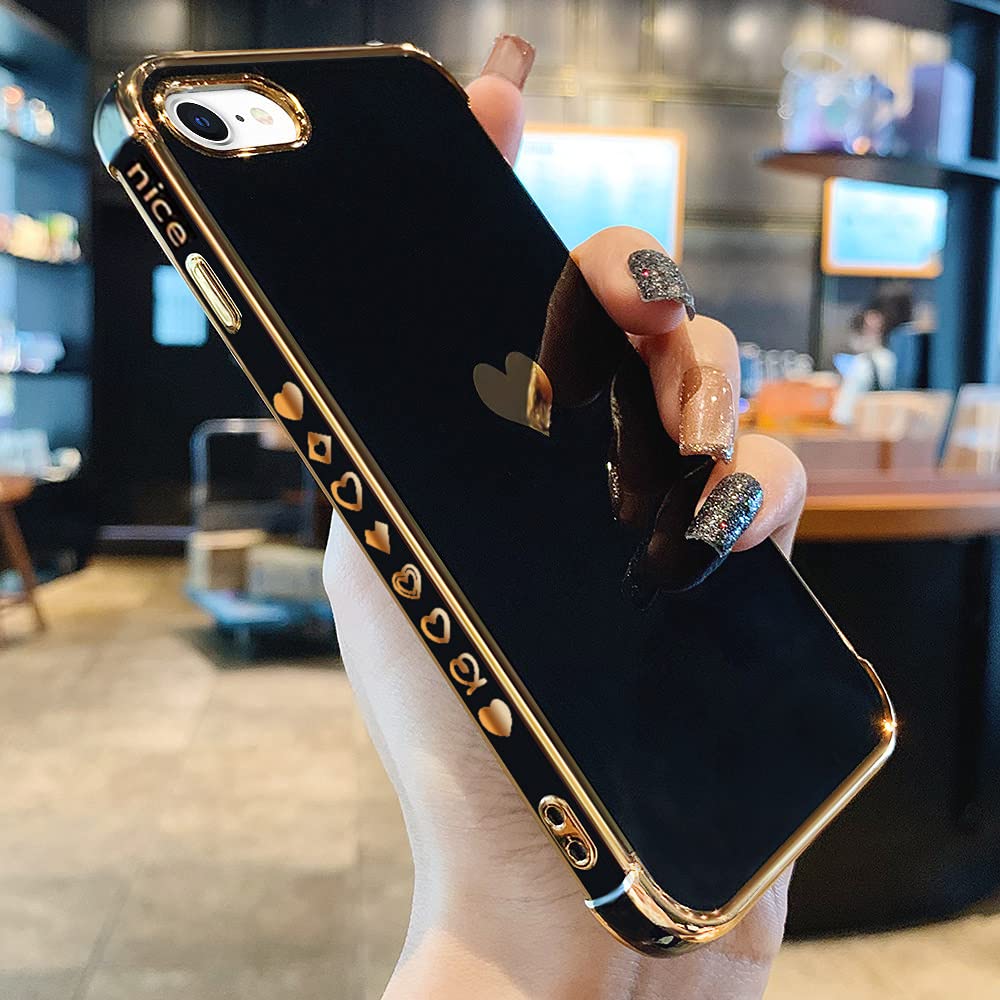 Shockproof Slim Silicone iPhone 7/8/SE 2020/2022 Case - Cute Bling Heart Design Protective Cover for Women & Girls | Perfect for Everyday Use, Work & Travel (Black)