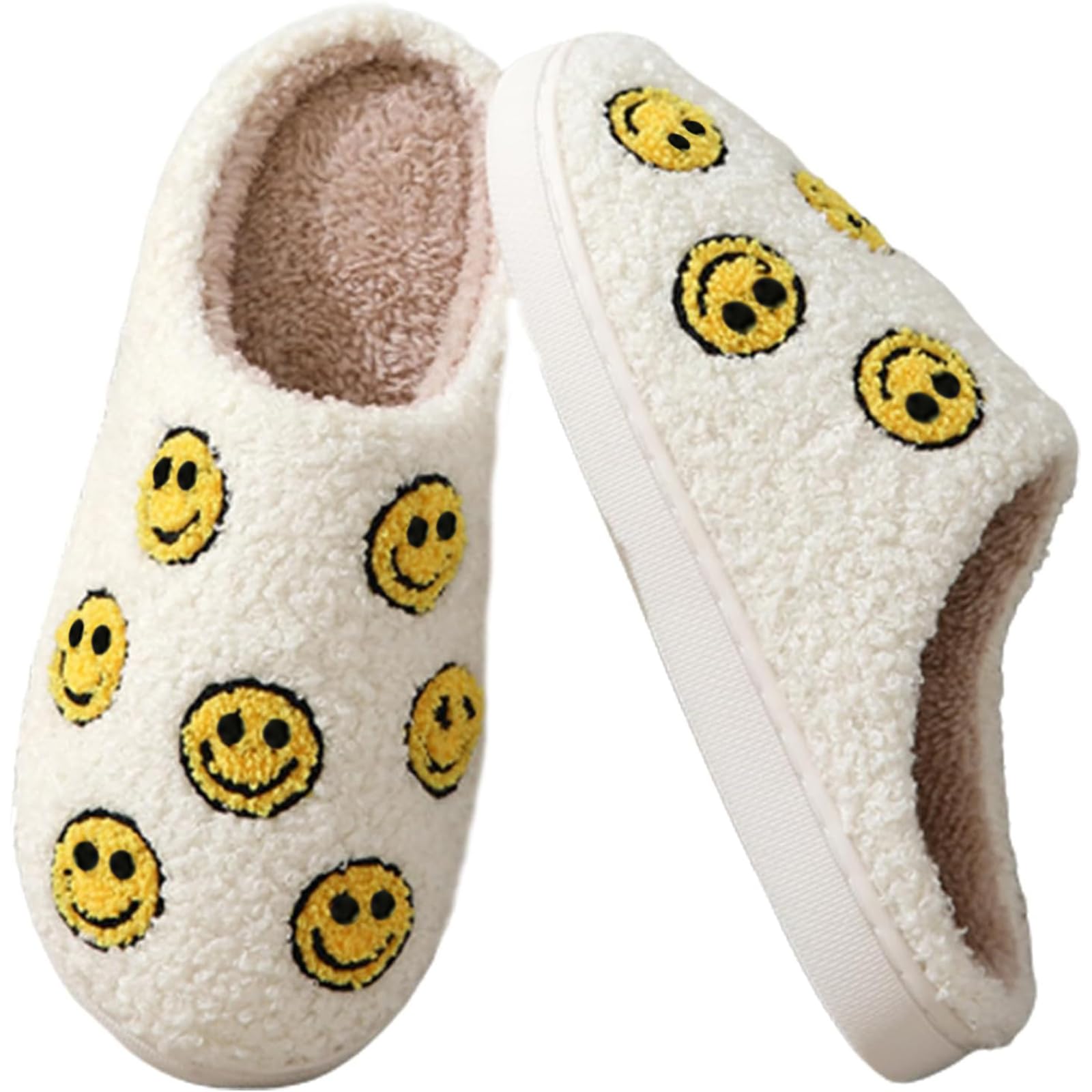 Retro Smiley Face Slippers for Women & Men - Memory Foam Plush House Slippers - Warm Indoor Slip-On Shoes for Home, Dorm & Lounge Comfort