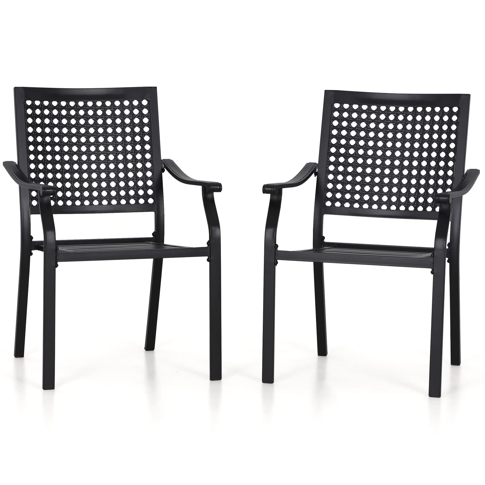 PHI VILLA 2-Pack Black Metal Stackable Outdoor Dining Chairs with Armrests - Heavy Duty Wrought Iron Frame Patio Furniture Set (300 lb Capacity) - Perfect for Garden, Backyard, Lawn, Poolside & Outdoor Dining Areas