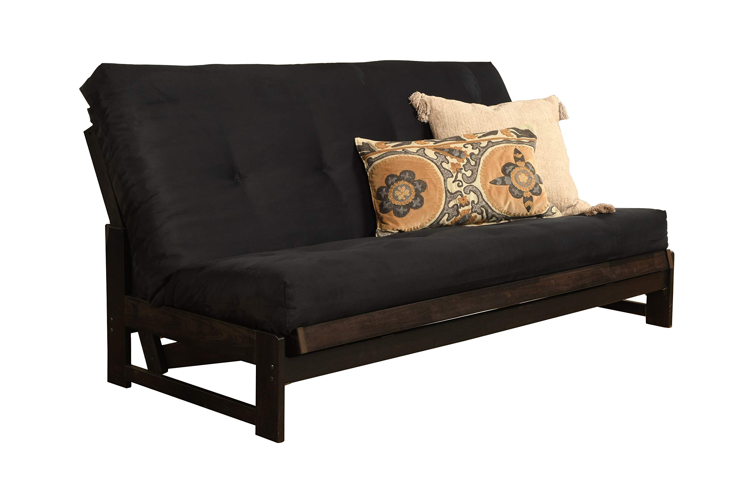 Kodiak Furniture Aspen Futon Set with Reclaimed Mocha Finish & Black Suede Upholstery - Convertible Sofa Bed for Small Spaces, Dorm Rooms, and Guest Bedrooms
