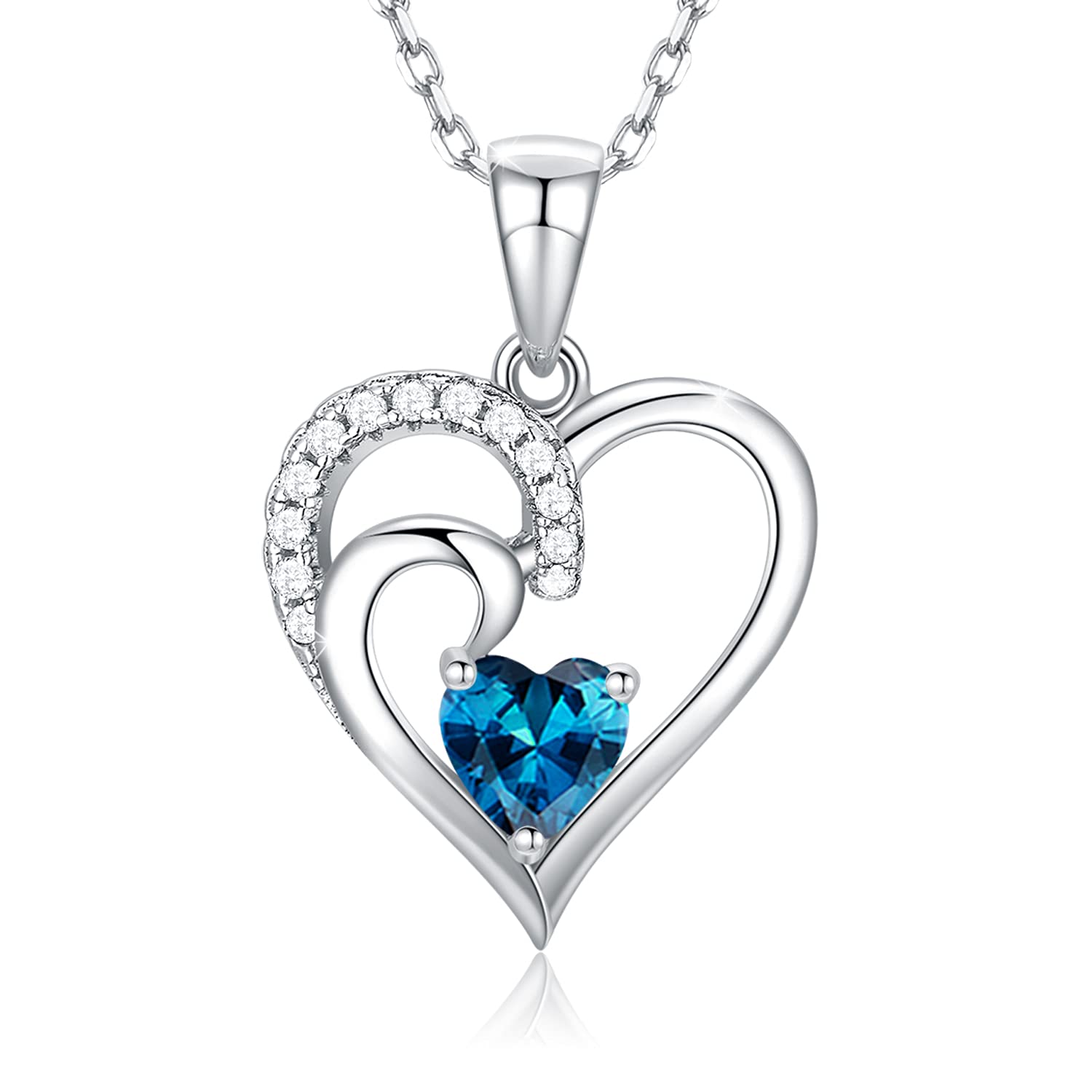Birthstone Necklace for Women - Sterling Silver CZ Heart Pendant Jewelry | Mothers Day Gift for Mom, Birthday Gift for Wife Daughter Her | 16