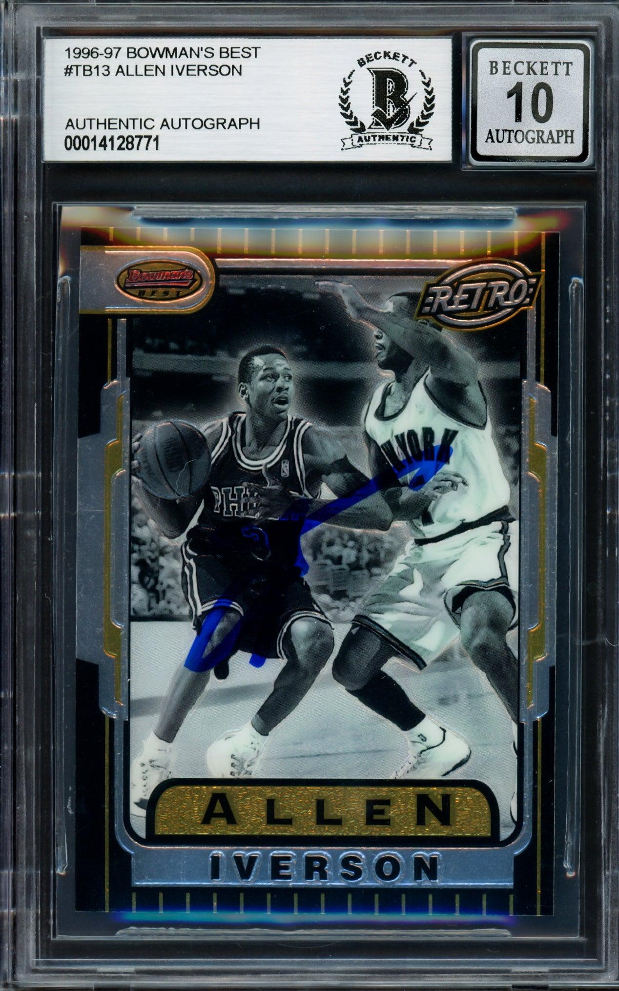 Allen Iverson Autographed 1996-97 Bowman's Best Retro Rookie Card #TB13 Philadelphia 76ers - Beckett BAS Gem Mint 10 Grade #14128771 - Perfect for NBA Memorabilia Collectors and 76ers Fans Display