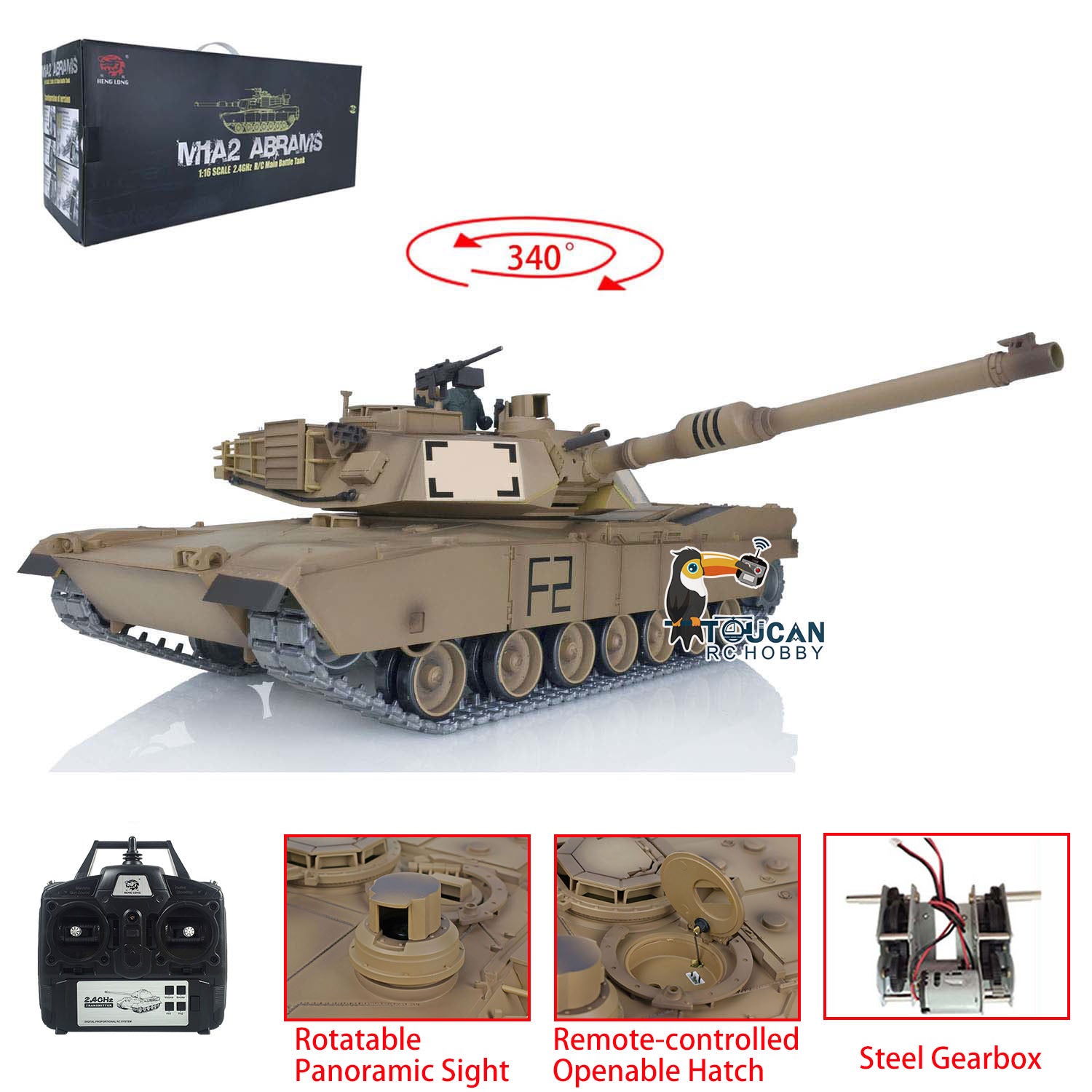 Heng Long 1/16 Scale 7.0 M1A2 Abrams RC Tank - RTR with Commander Panoramic Sight, Rotating Turret & BB Pellets | Upgraded Version Hobby Model for Military Enthusiasts & Collectors | Perfect for Battle Simulation, Outdoor Play & Display