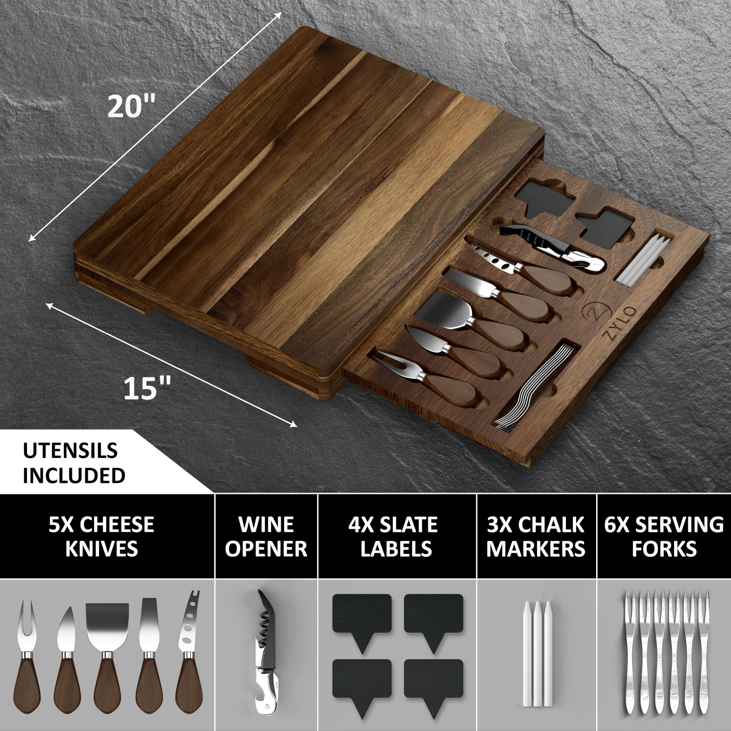 ZYLO Charcuterie Boards Gift Set - Large Acacia Wood Cheese Board & Slate Cutting Board with Ceramic Dishes & Knife Set - Removable Magnetic Serving Trays for Entertaining, Dinner Parties & Holiday Gifts